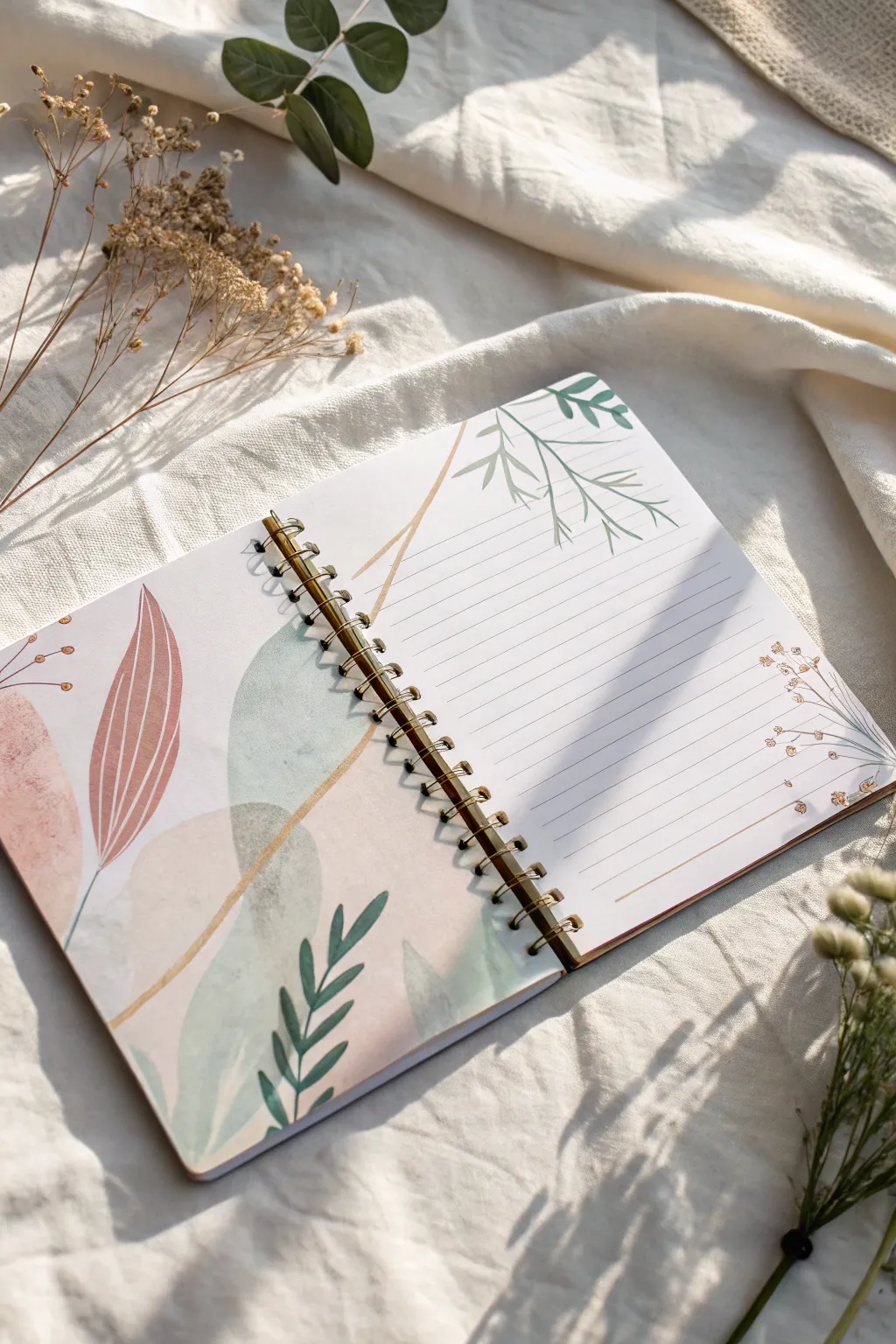 Soft two-tone watercolor wash in an open journal, with gestural ink marks and calm studio light