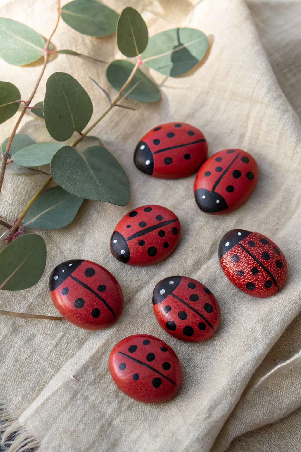 Bright ladybug and beetle painted rocks on a neutral surface with simple green leaves