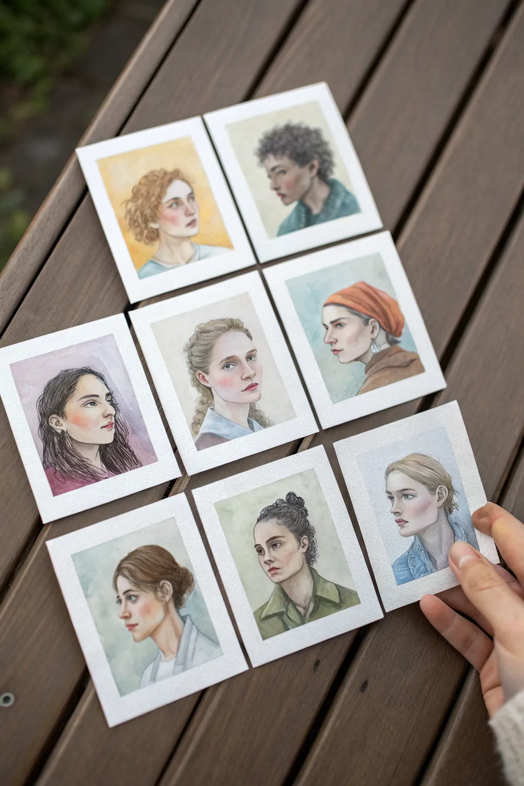 Classic mini portrait ATC grid in soft neutrals, one card in hand shows tiny scale