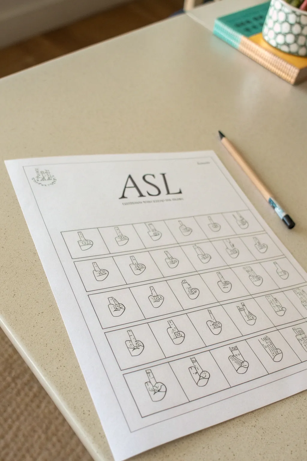 Minimal ASL handshape reference grid with calm neutrals, clean linework, and lots of breathing room