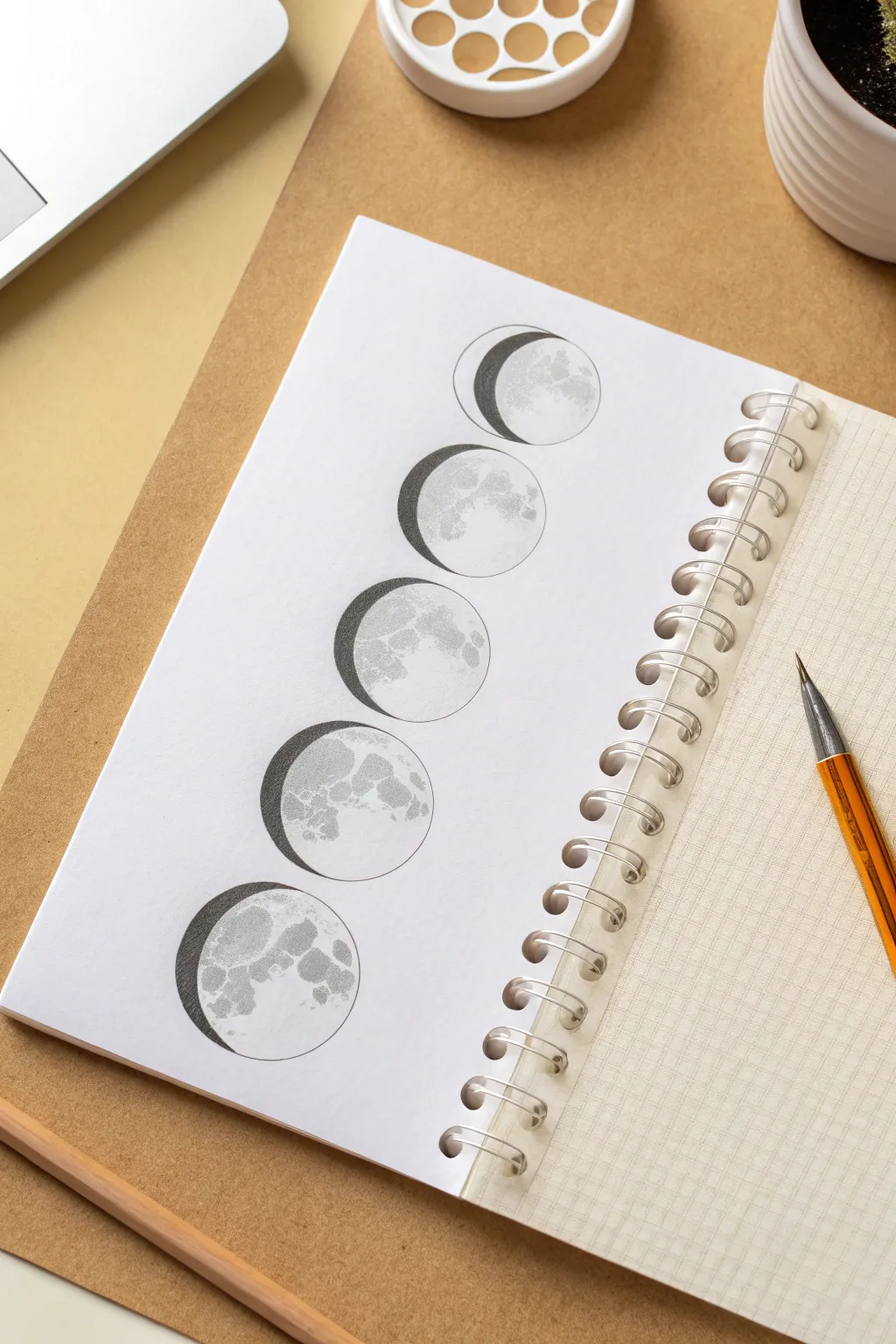 Minimal moon phase strip with soft graphite shading, perfect for easy astronomy sketching.