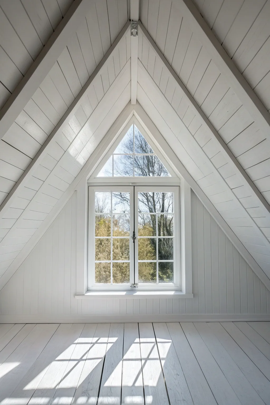 All-white attic magic: soft white slopes bounce sunlight from the gable window for instant lift.