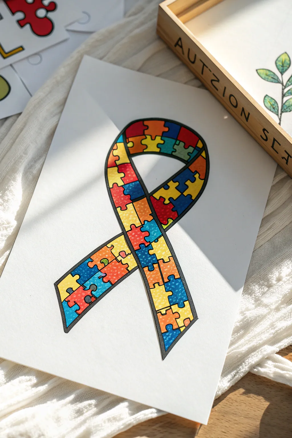 Draw a bold puzzle-piece ribbon with bright colors and clean lines for autism awareness.
