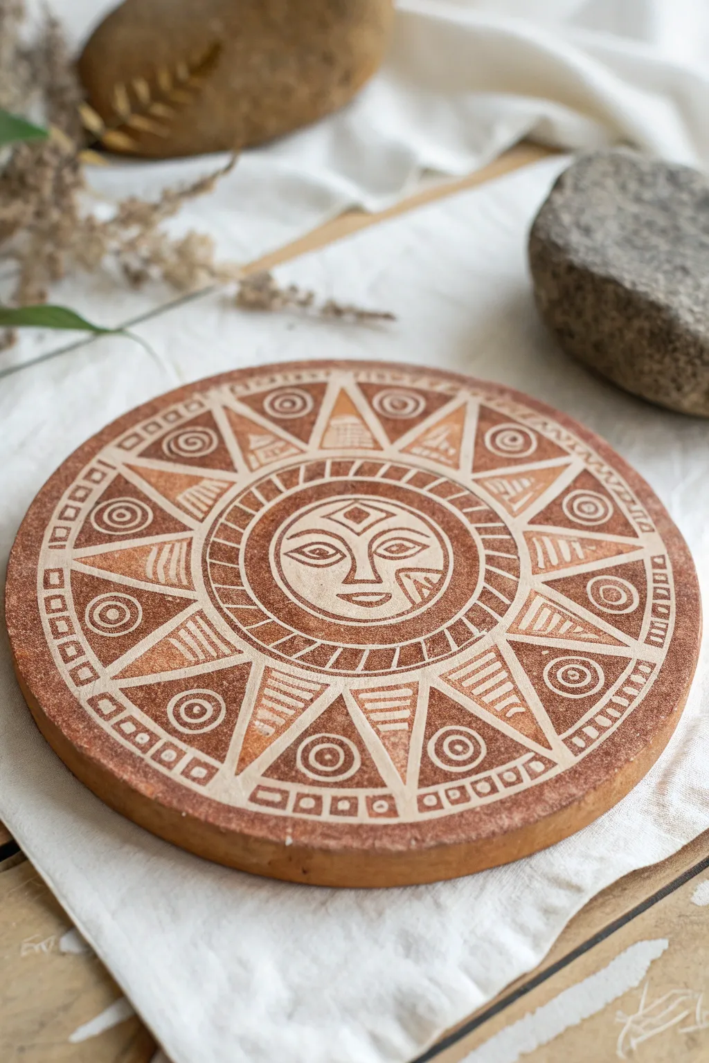 Aztec Sun Stone centerpiece in warm stone tones, minimalist boho look for easy painting