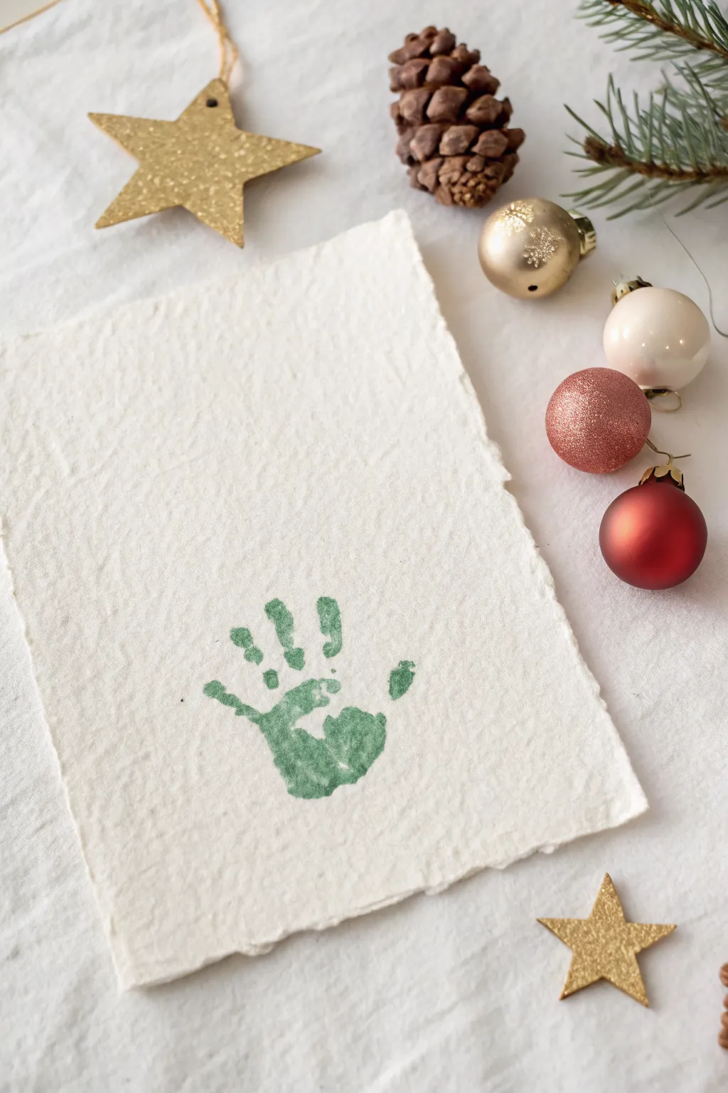 Minimal handprint Christmas tree keepsake with star and tiny ornaments, leaving space below