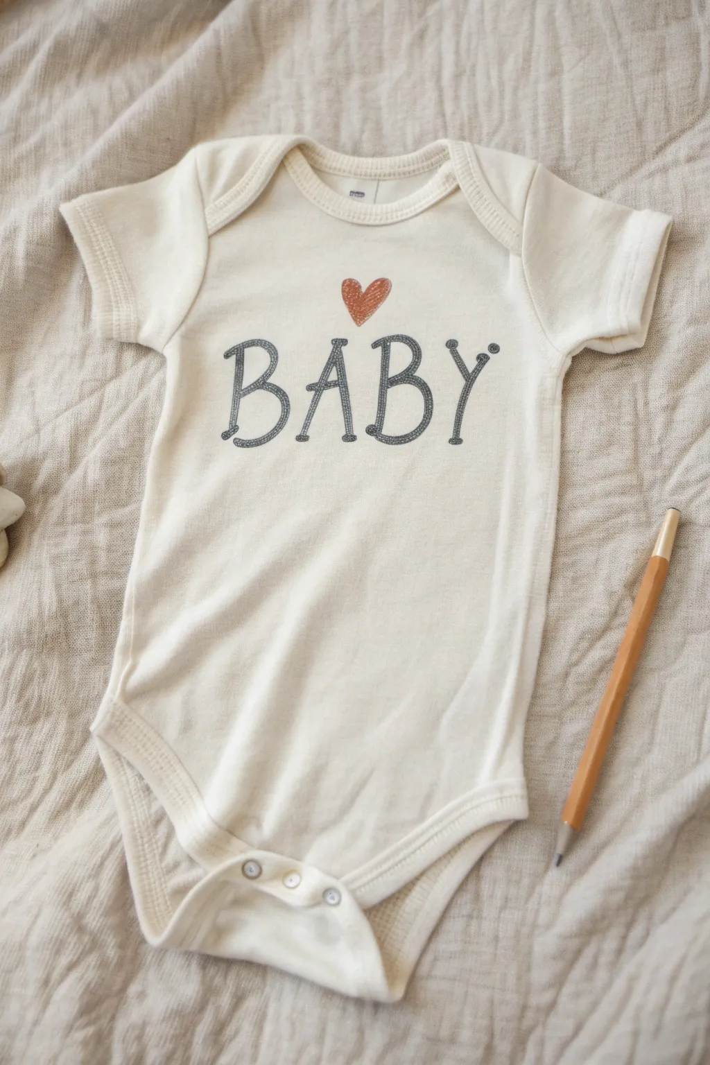 Classic hand-painted baby name onesie with tiny icon, clean Scandinavian DIY look with boho warmth