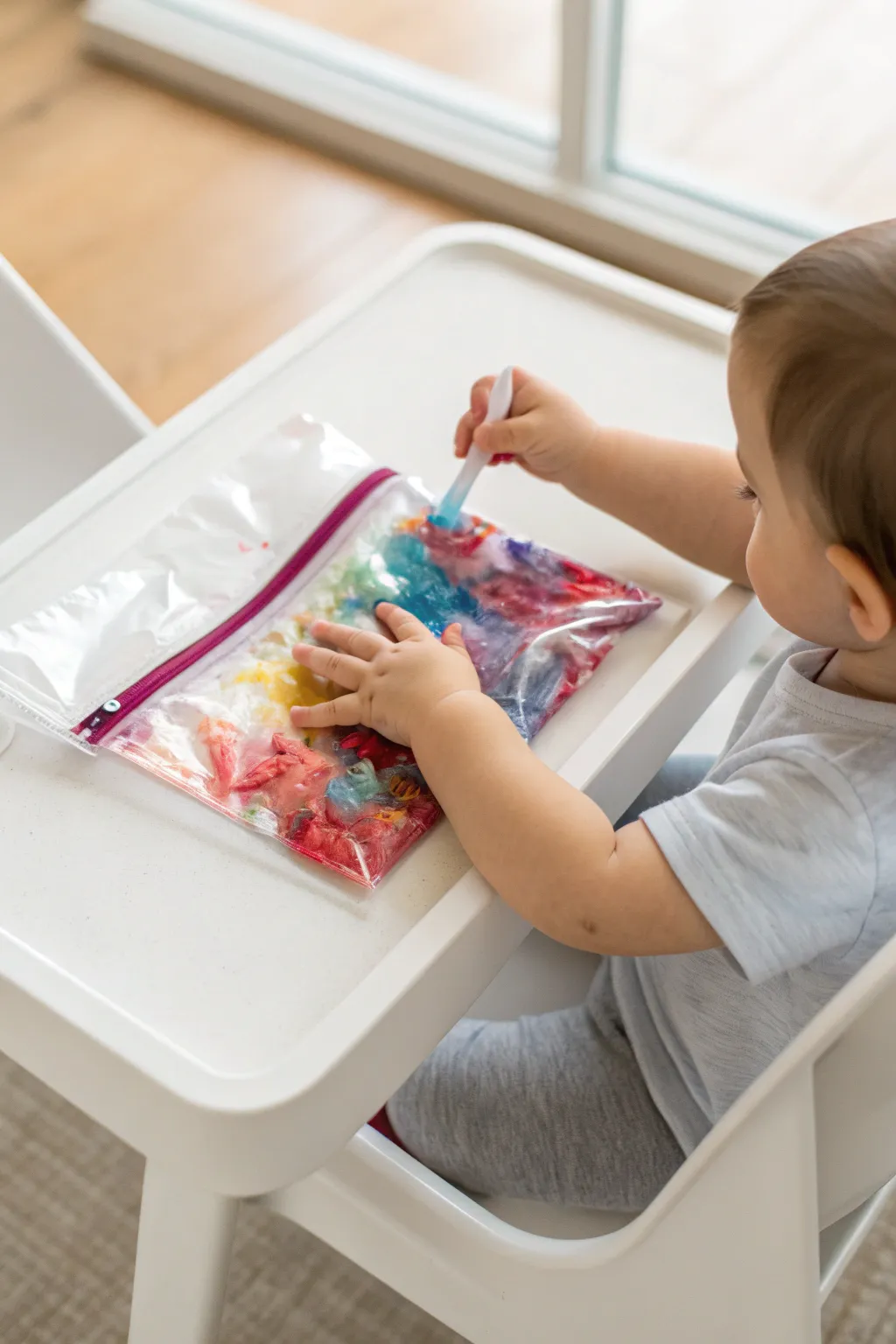 Mess-free zip-top smush painting with bright paint swirls, perfect for baby art time.