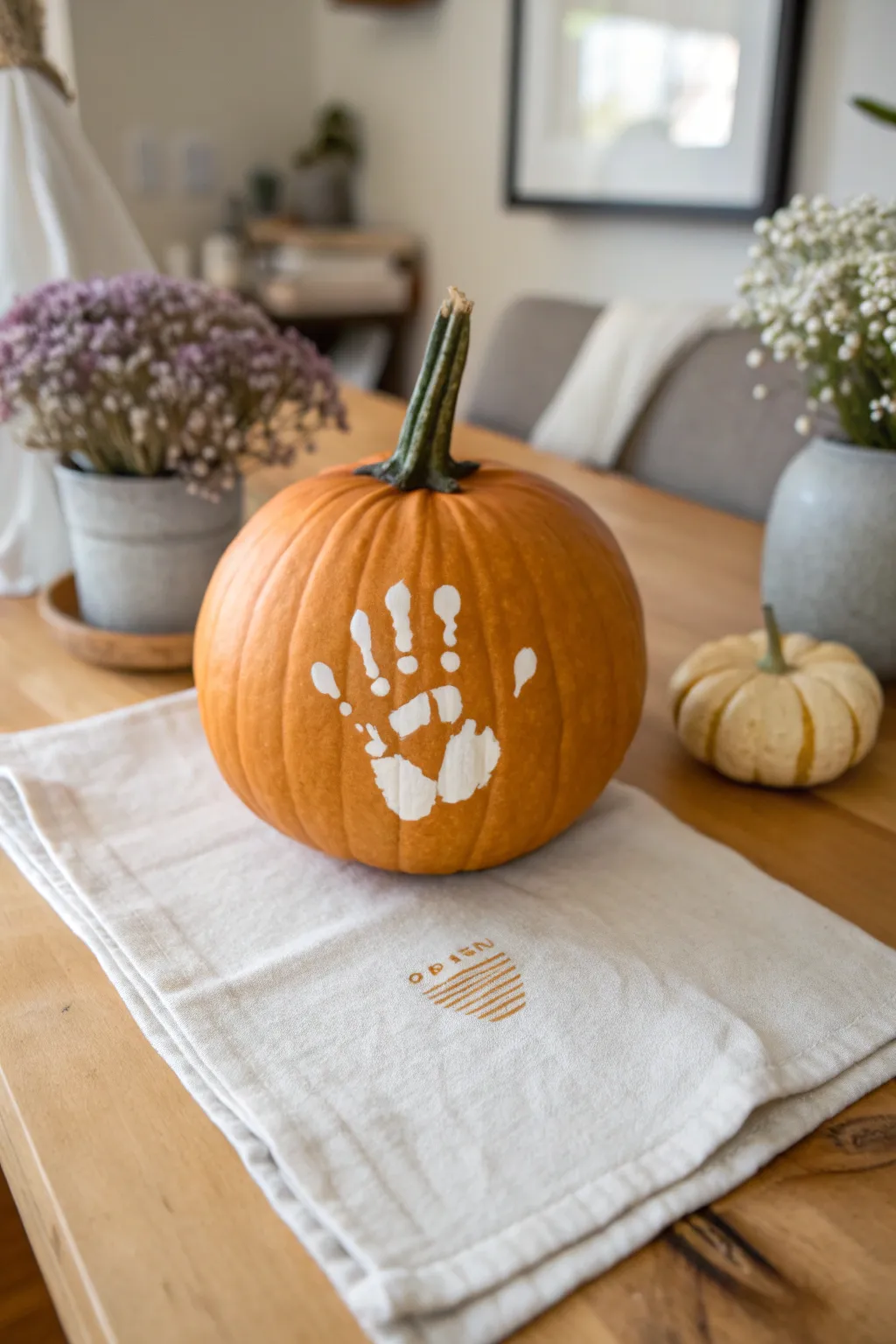 A sweet baby handprint pumpkin keepsake in soft neutrals, perfect for minimalist fall memories.