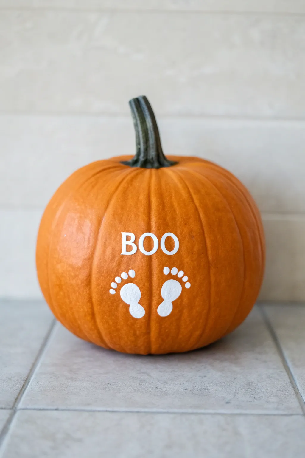 Classic BOO pumpkin with tiny white footprint Os for a sweet babys first Halloween keepsake