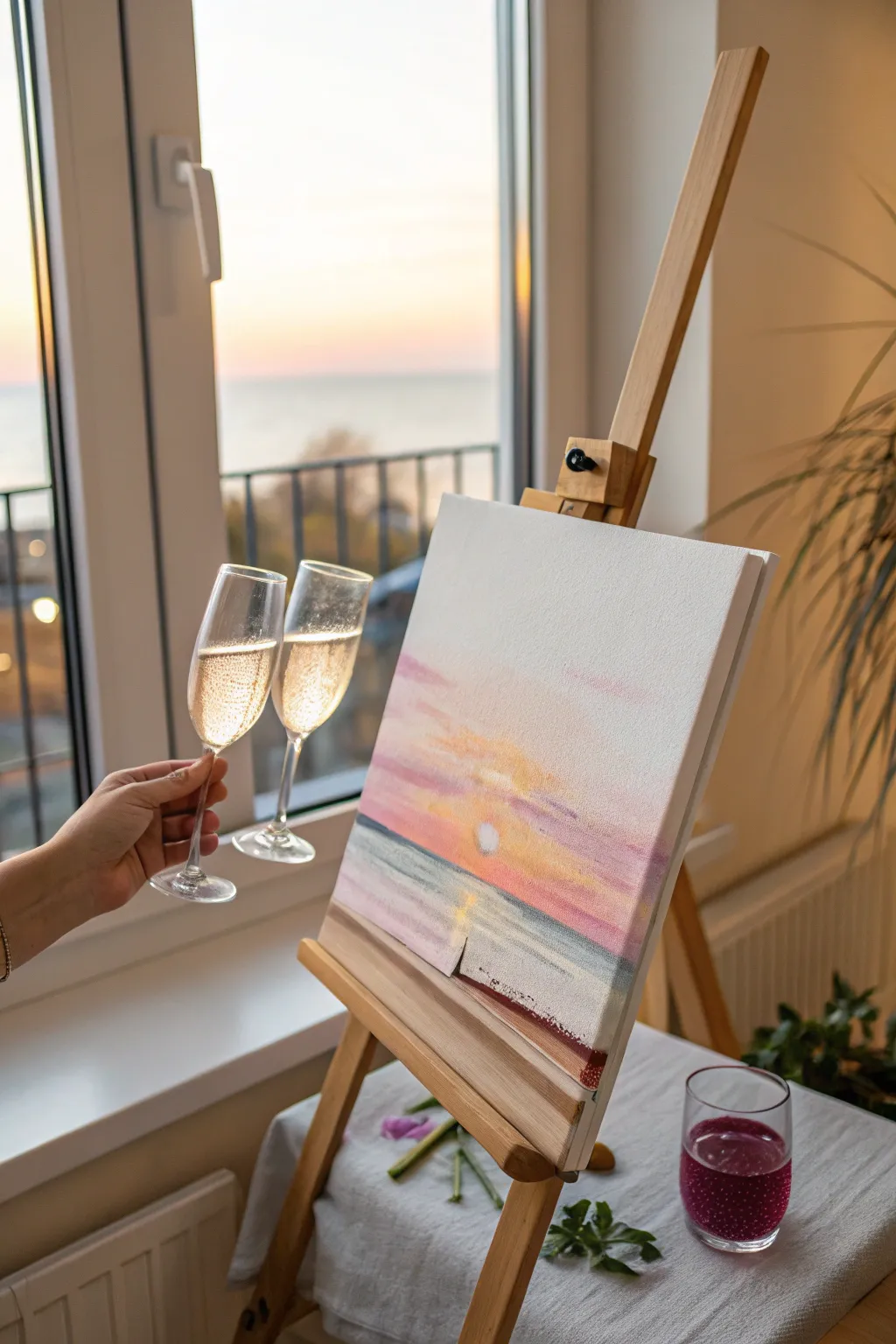 Paint a sunset toast together, simple strokes, warm hues, and a cozy sip and paint vibe.