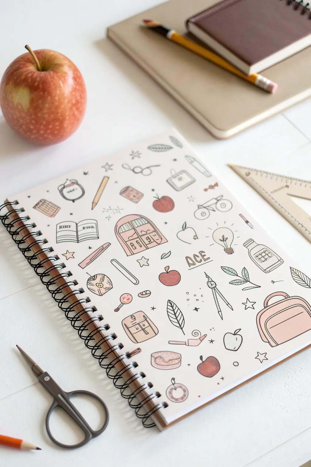 Playful back-to-school doodle collage in soft boho pastels on a clean white page.