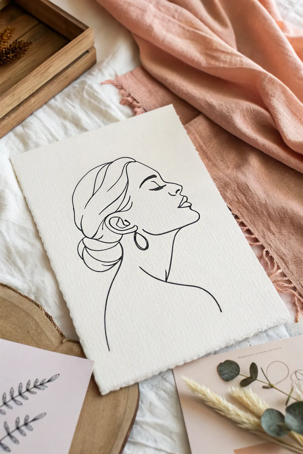 Crisp line portrait on textured paper with a blush-to-sand gradient wash for an easy background idea.