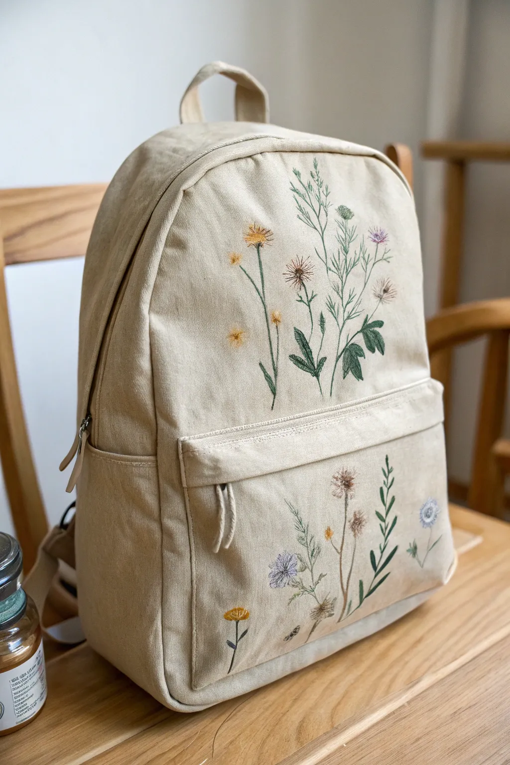 Easy wildflower sprays on a neutral canvas backpack, simple strokes and soft boho charm