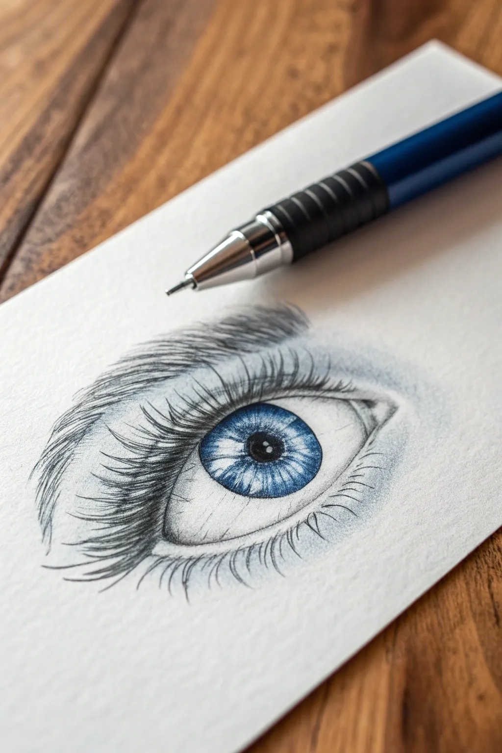Realistic ballpoint eye study with crisp lashes and smooth shading on bright white paper.
