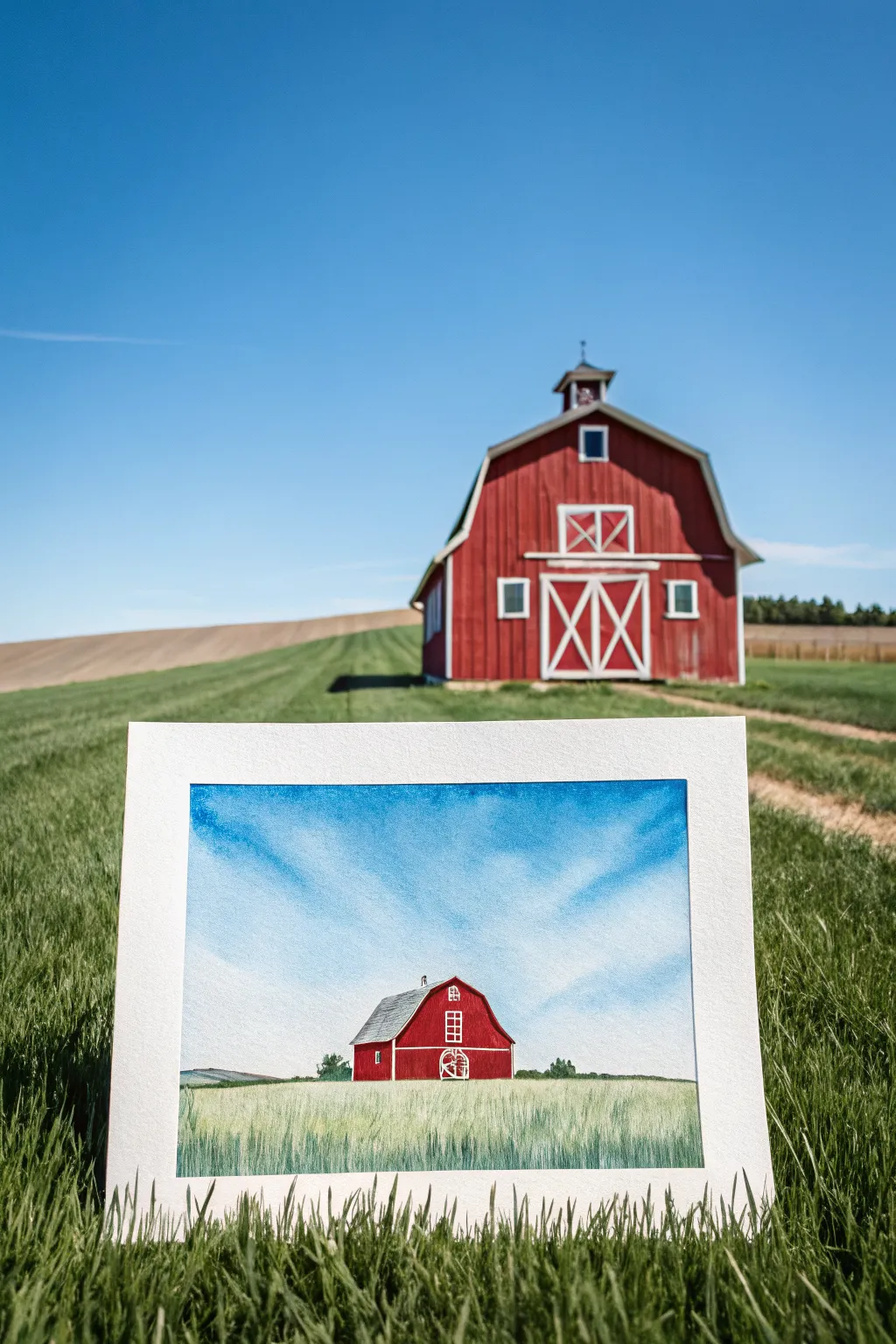 Classic red barn centered under a bright blue sky, an easy minimalist painting idea to try