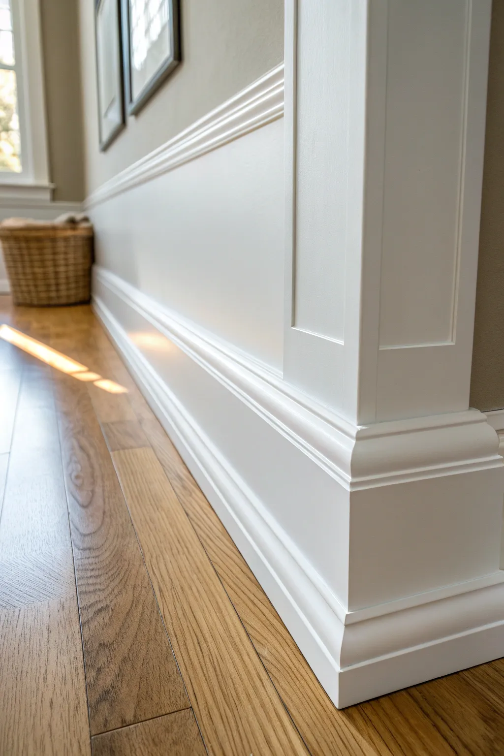 Crisp white baseboards that brighten warm wood floors for a clean, timeless look.