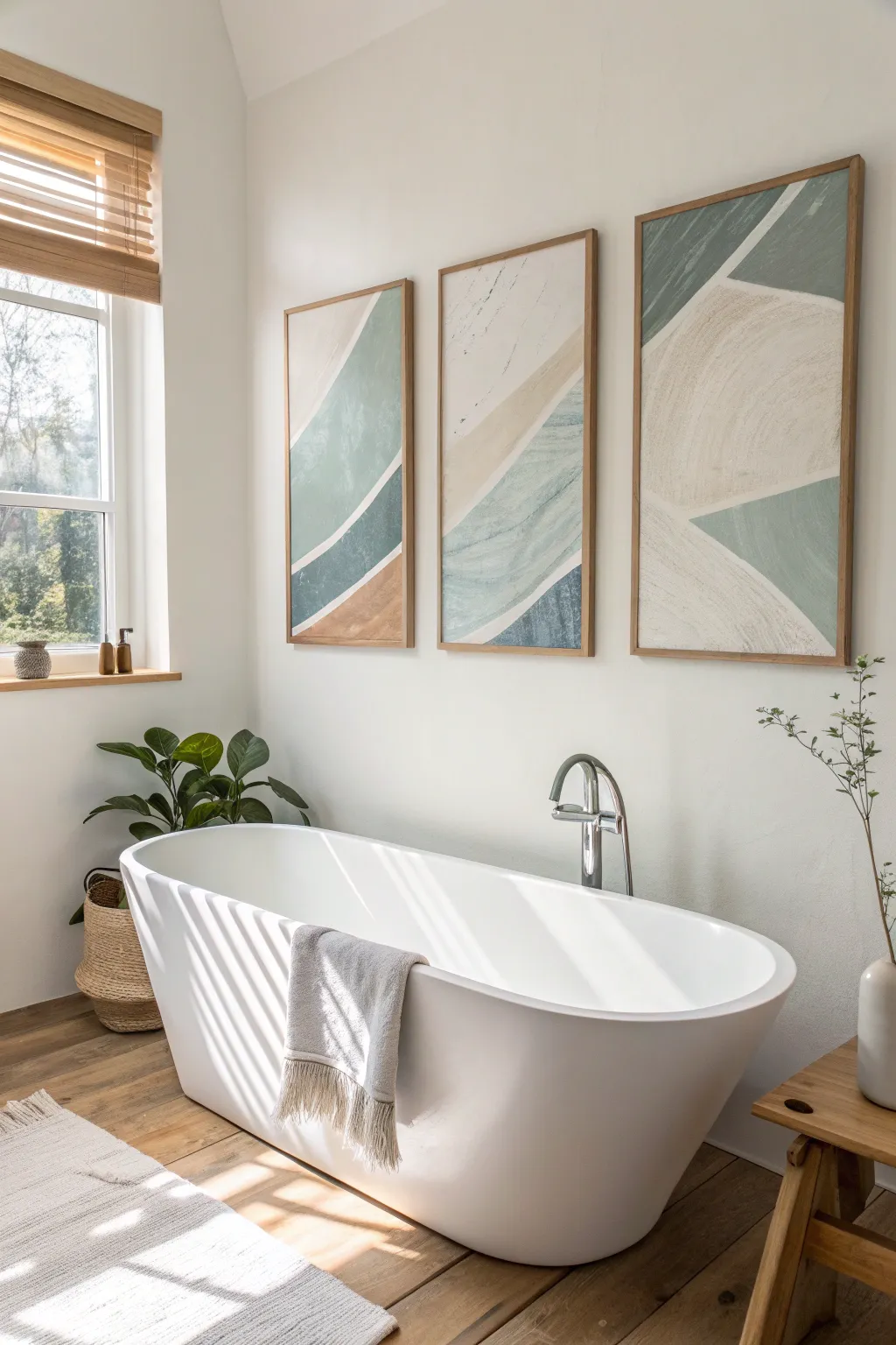 Soft-toned abstract triptych above the tub, bringing Scandinavian calm with a hint of boho.