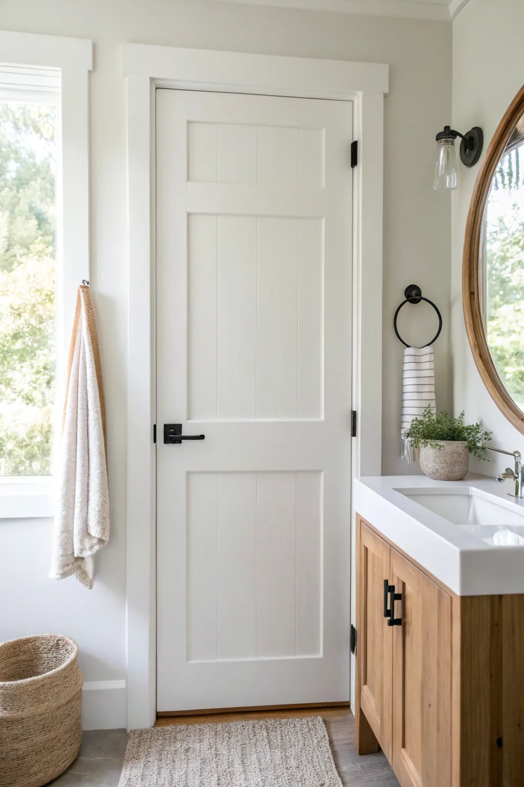 Classic bright white door with crisp casing for a clean, airy bathroom refresh vibe