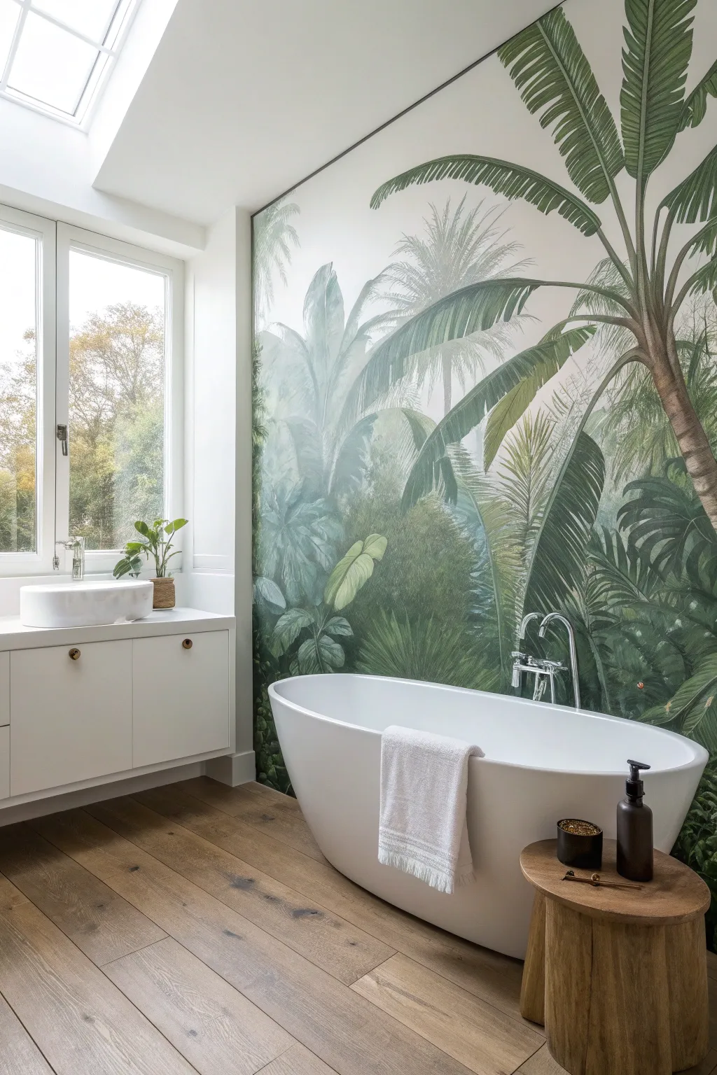Tropical jungle mural feature wall behind a clean white tub, bright airy and Scandinavian calm
