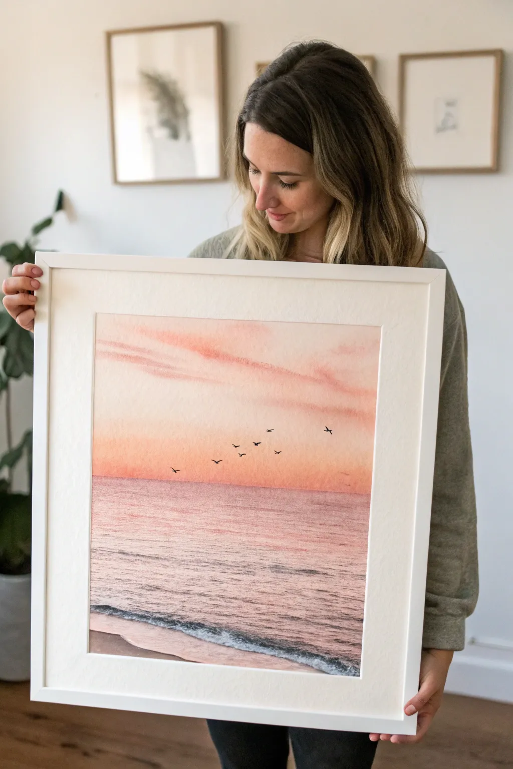 Minimal sunset beach horizon with tiny birds and a calm mirrored ocean glow in soft gradients