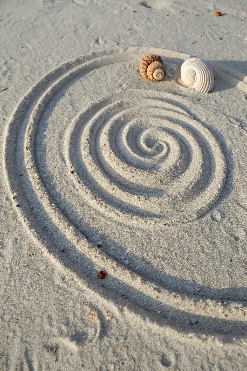 Classic spiral shell swirl carved in wet sand, with delicate shadow ridges and a simple shell guide.