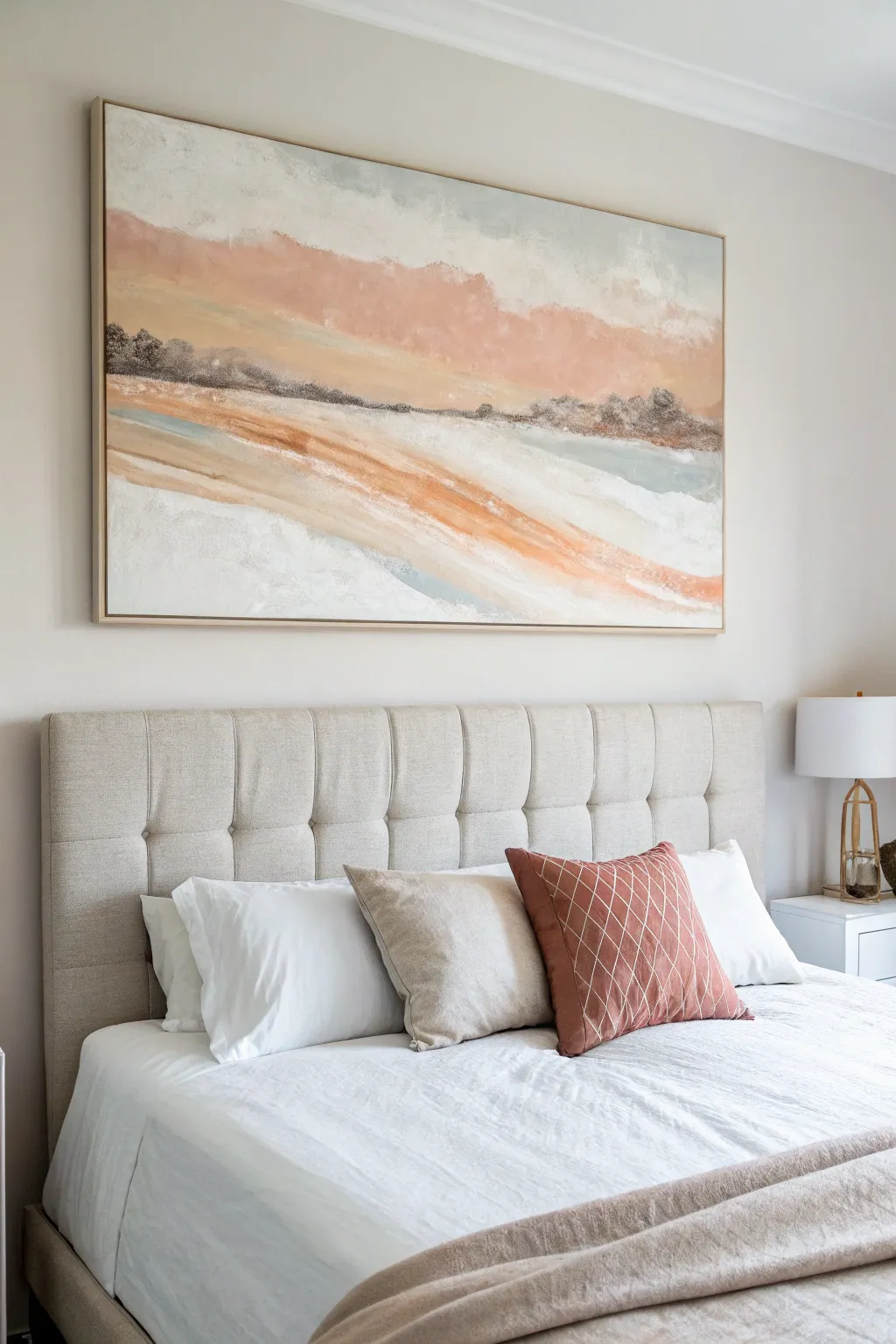 Oversized abstract canvas above the headboard for calm, minimalist impact with soft boho warmth
