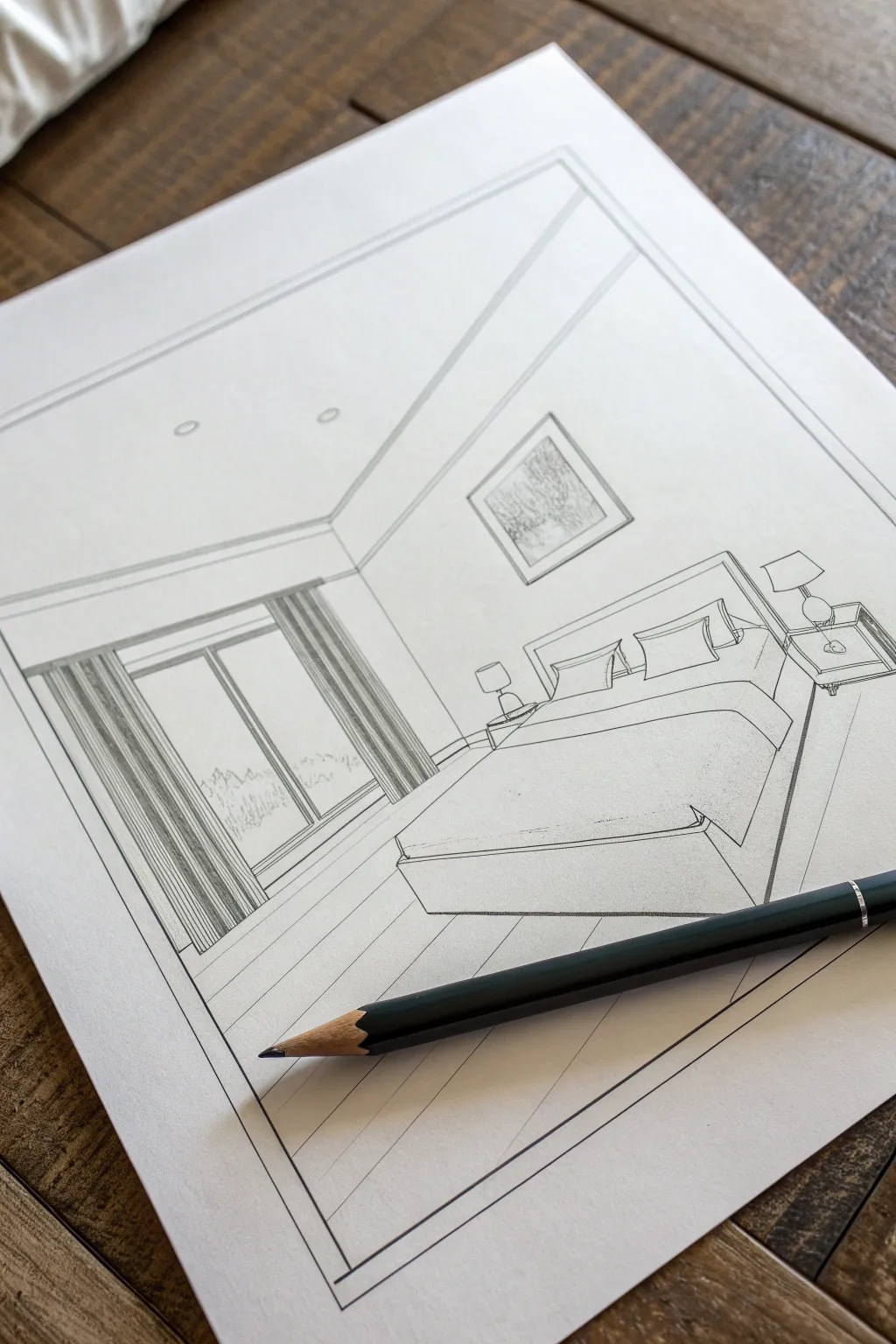 One-point perspective bedroom box sketch for clean depth practice with minimalist pencil lines