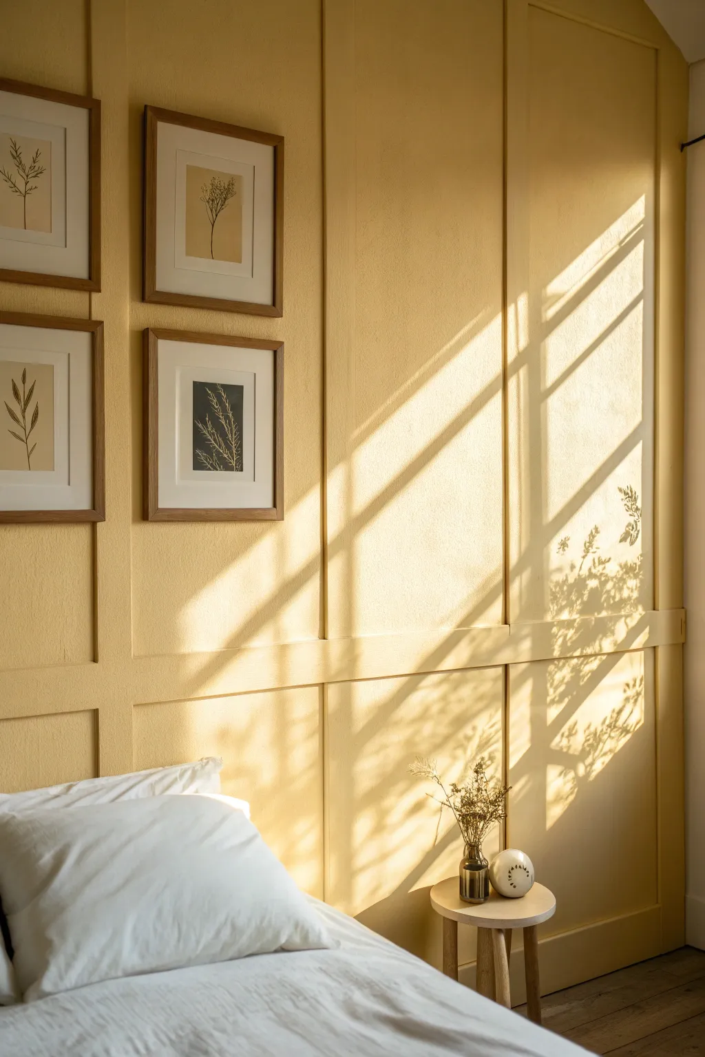 Soft creamy neutral wall in morning light, revealing subtle undertones for a calm bedroom sanctuary