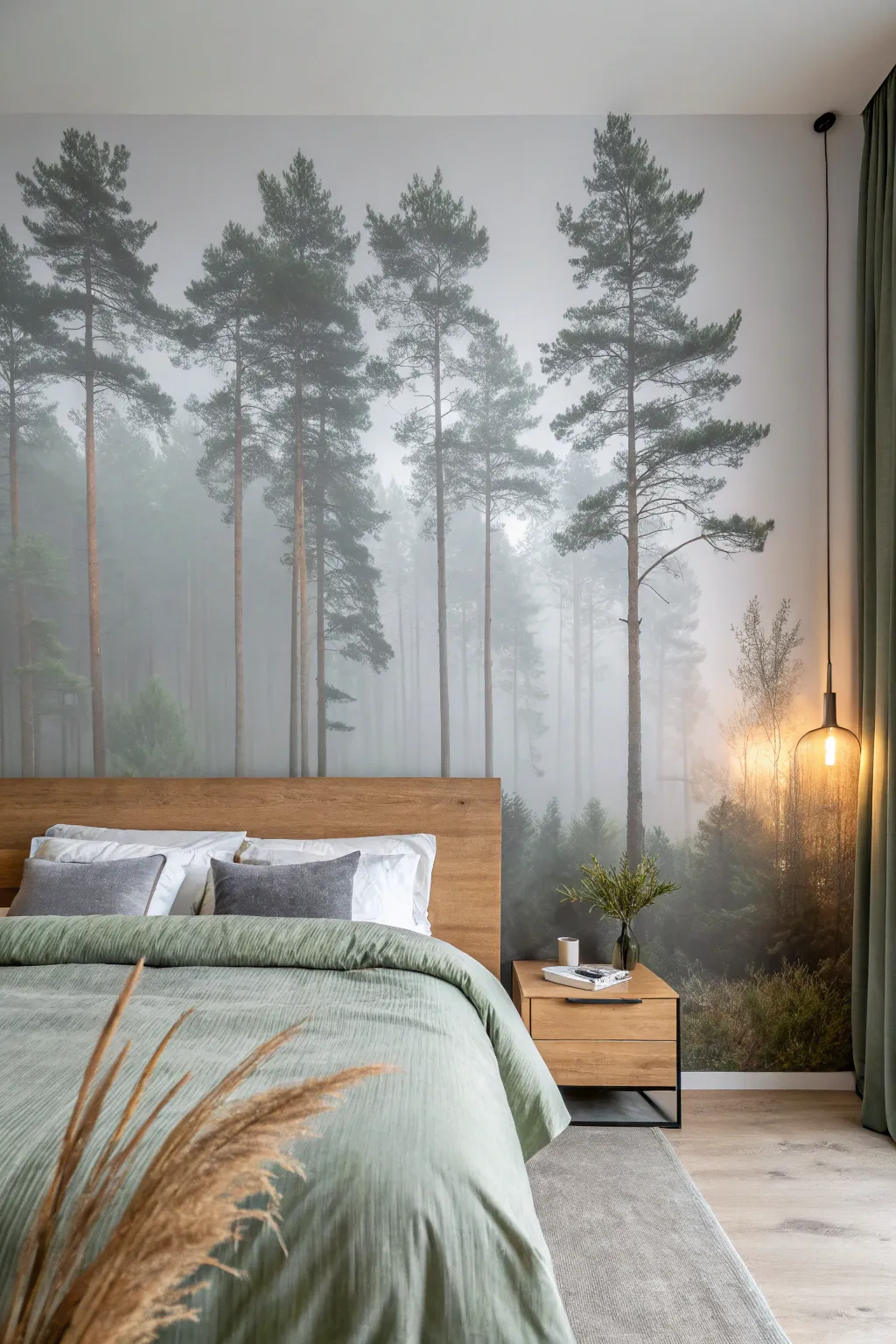 Misty forest mural behind a light oak headboard, soft gray-green linens, calm Scandinavian glow.