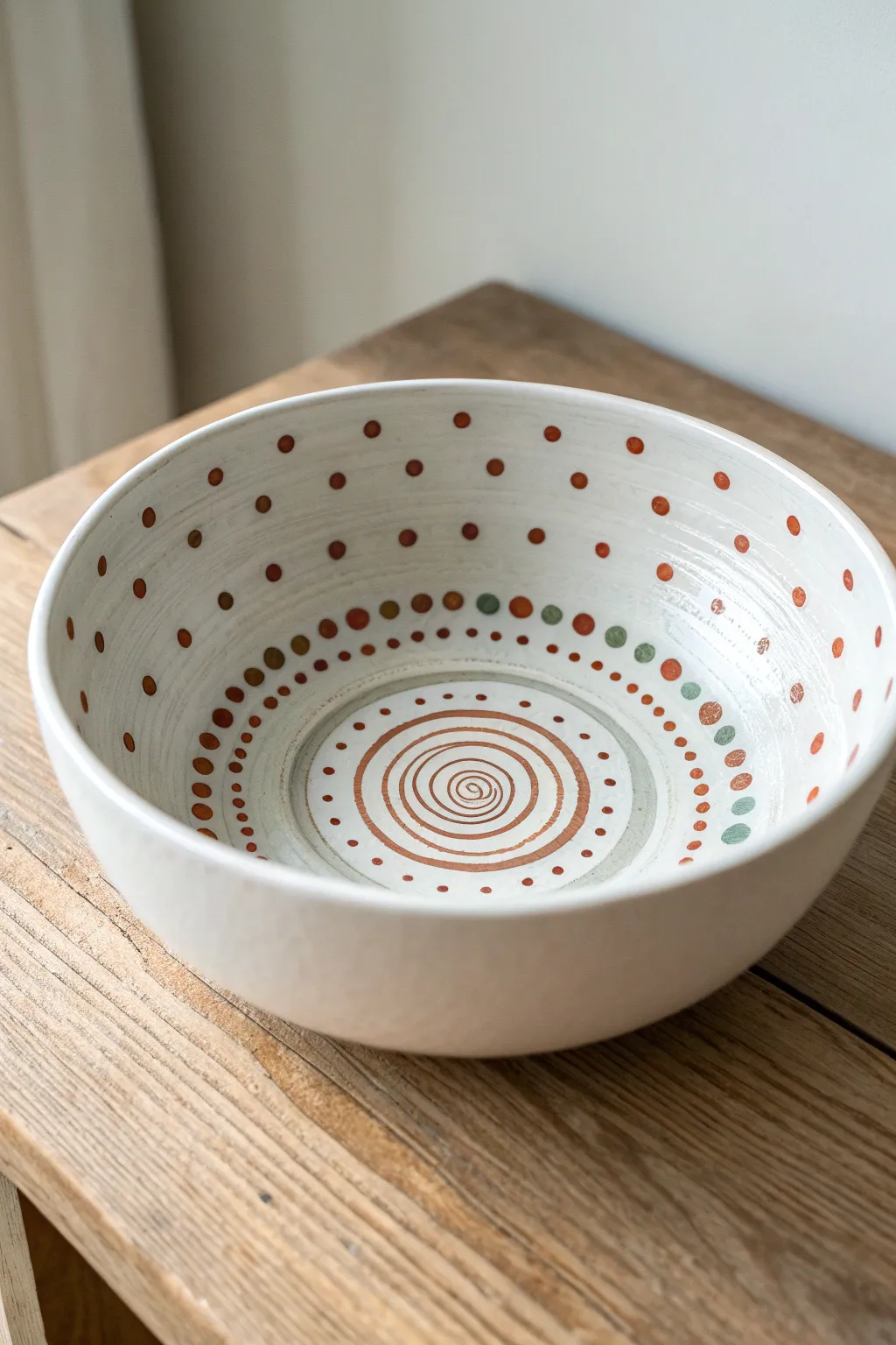 Classic two-tone polka dots spiraling inside a bowl, simple enough for beginners to try