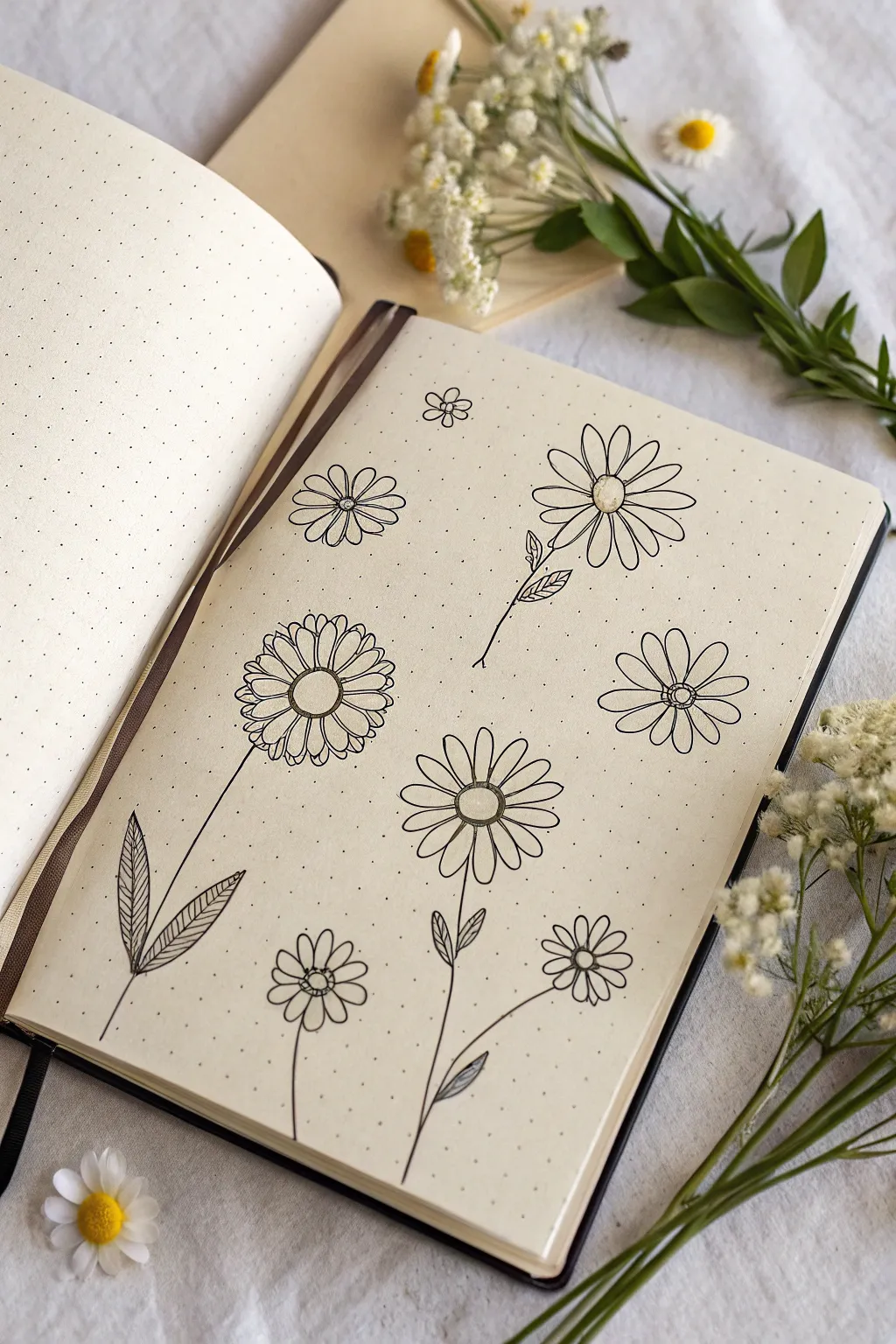 Minimal flower doodles on a clean sketchbook page, perfect beginner drawing inspiration.