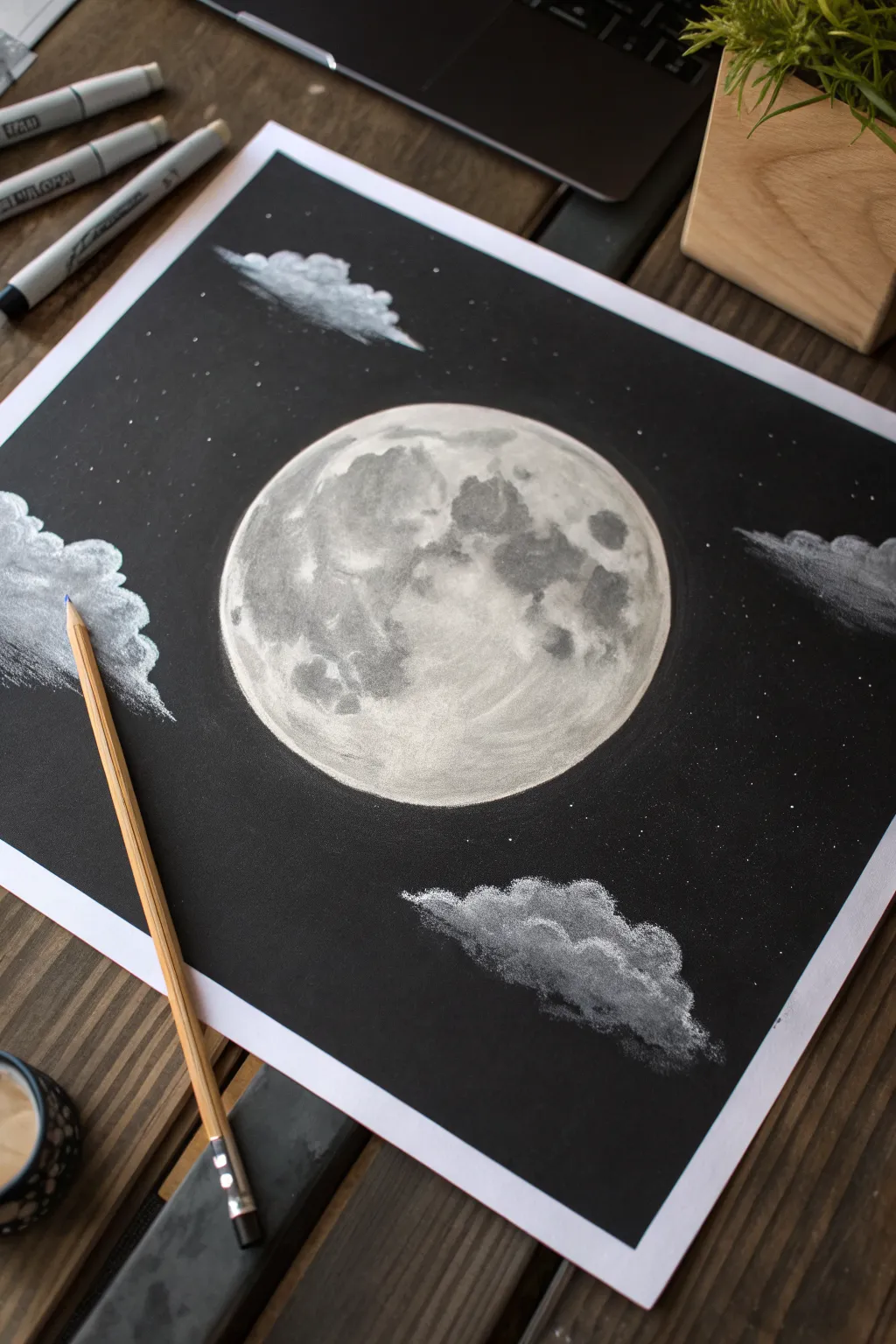 Dreamy charcoal big moon night sky with soft clouds, bold contrast, perfect for beginners