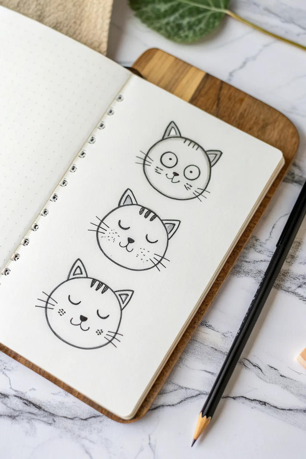 Draw a simple cute cat face: circle and triangle ears, plus 3 easy eye variations for beginners
