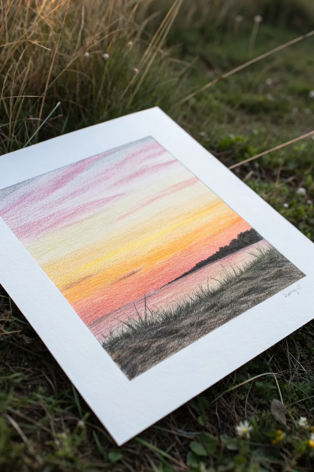Classic sunset gradient sky in oil pastels: easy blending with a simple dark horizon for contrast.