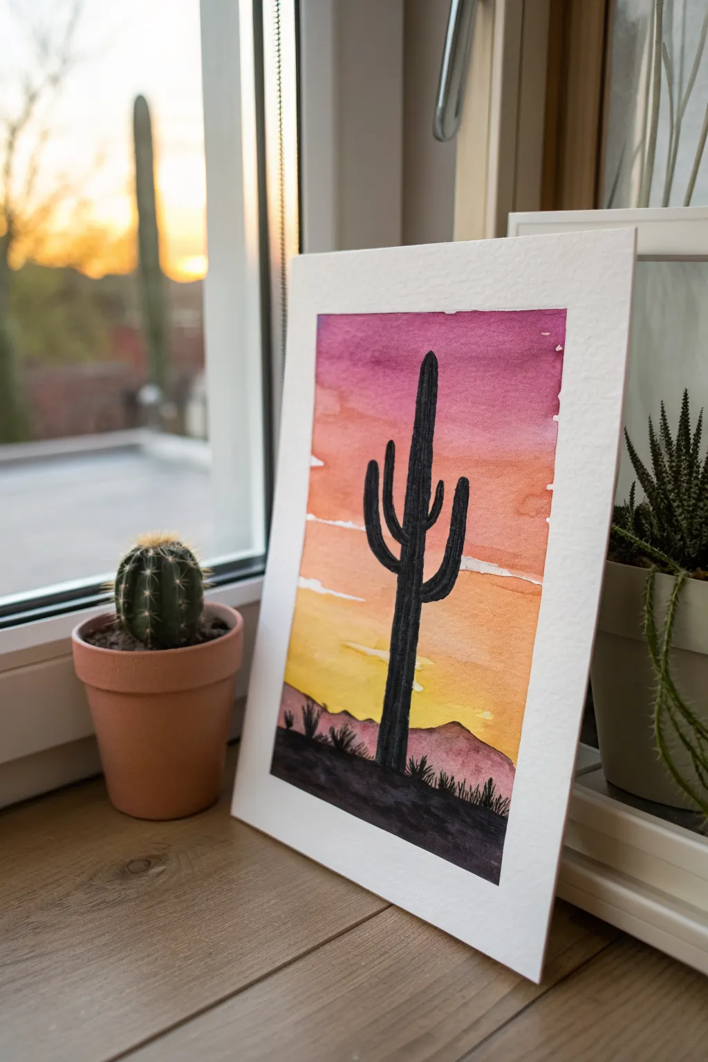 Minimal cactus silhouette meets warm sunset gradient, an easy Mexican-inspired beginner painting idea.