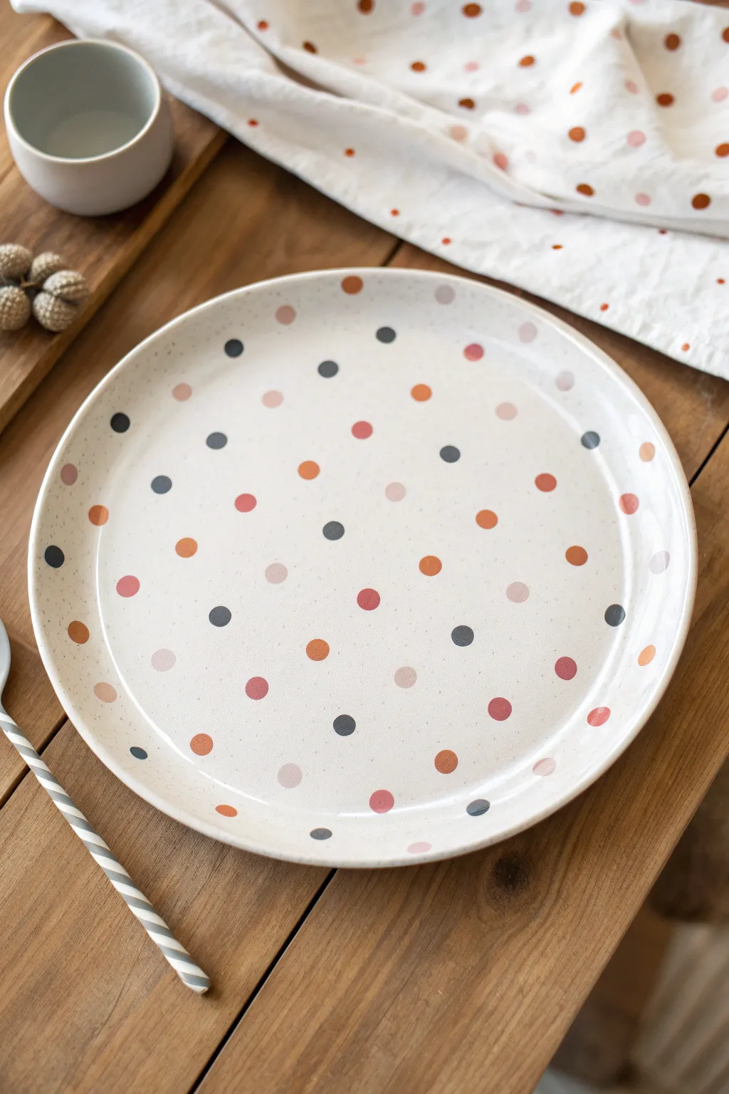 Classic polka dot plate in soft modern tones, a simple beginner design with a handmade feel.