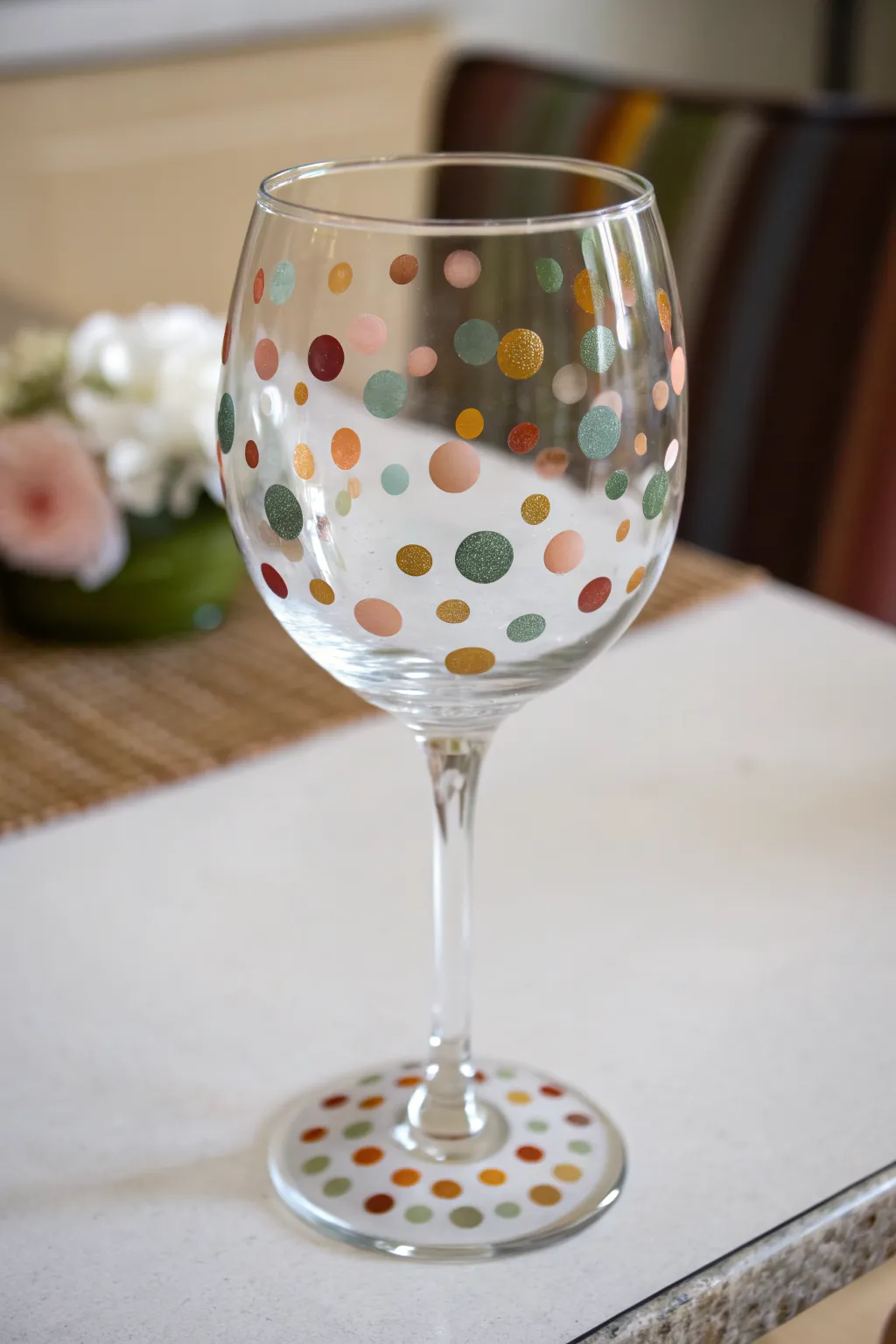 Polka dot confetti wine glass painting for beginners in soft boho hues with clean contrast