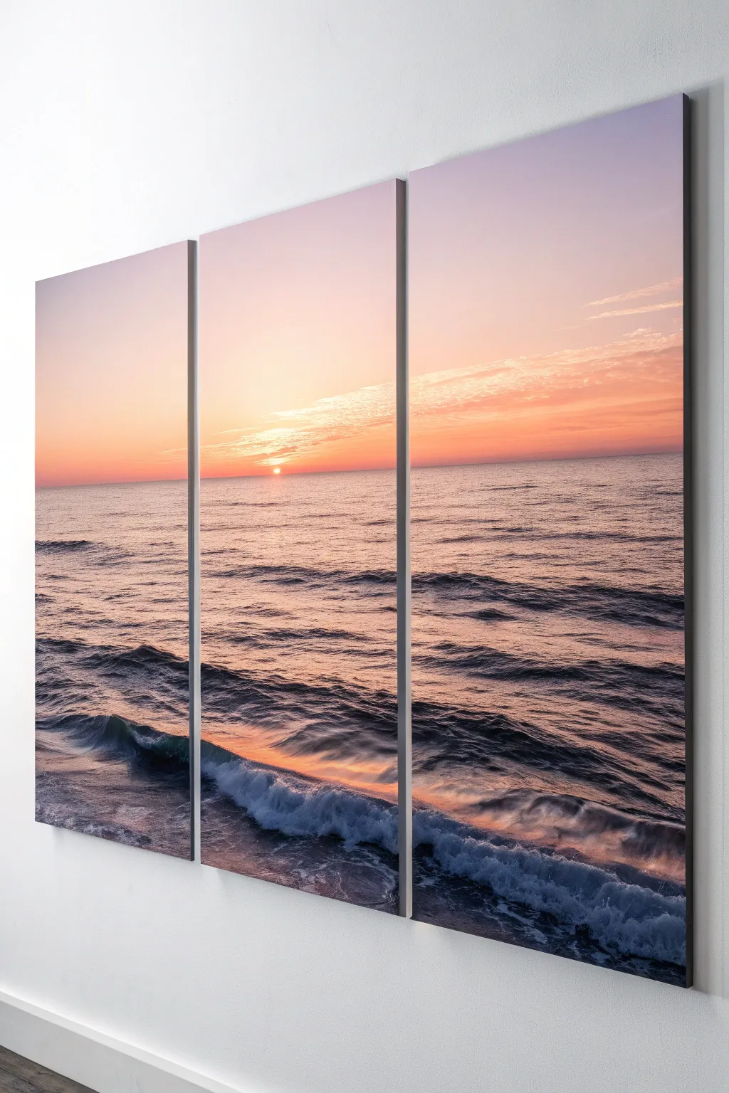 Easy sunset ocean horizon triptych with a crisp taped line and simple dark-blue water bands