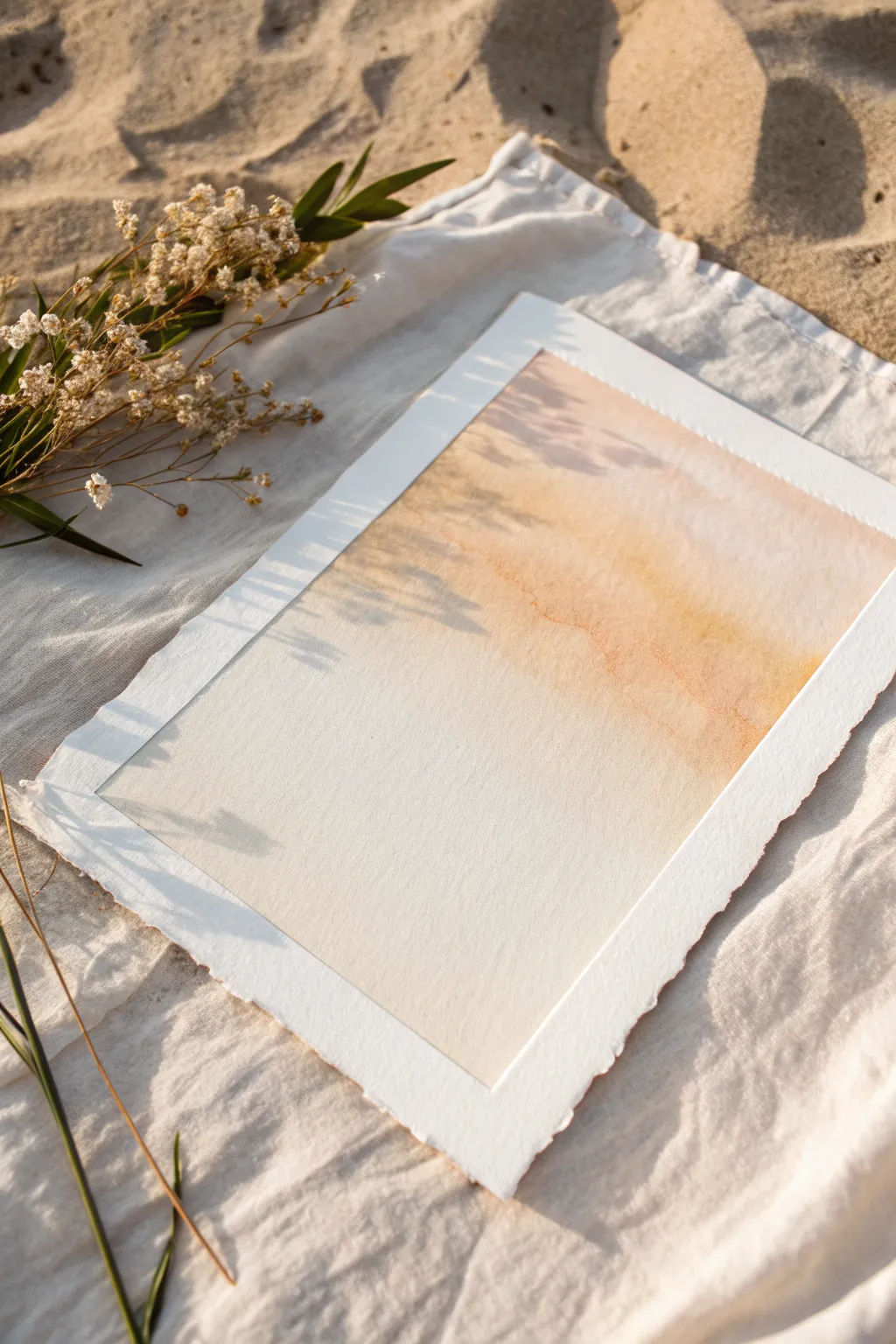 Soft beige gradient wash in cream to taupe, airy negative space and delicate watercolor edges