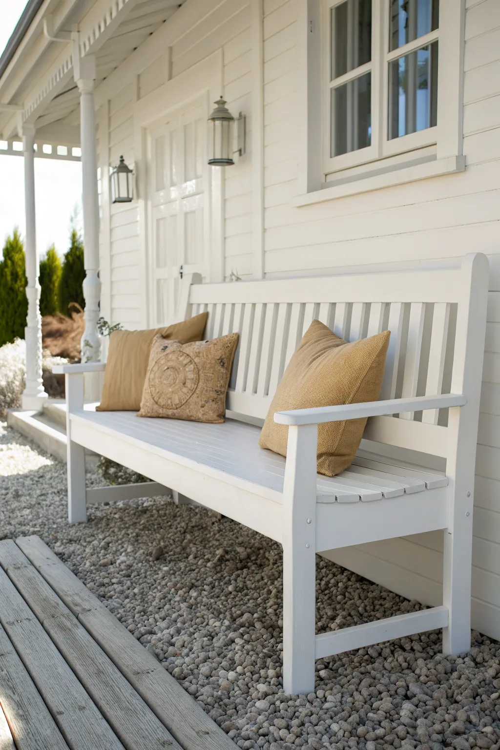 Crisp white bench with neutral cushions, a timeless classic for any porch or garden path.