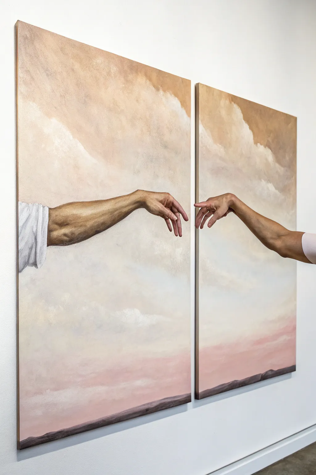 Split canvas best friends painting: two hands meet at the seam in a soft minimalist diptych.