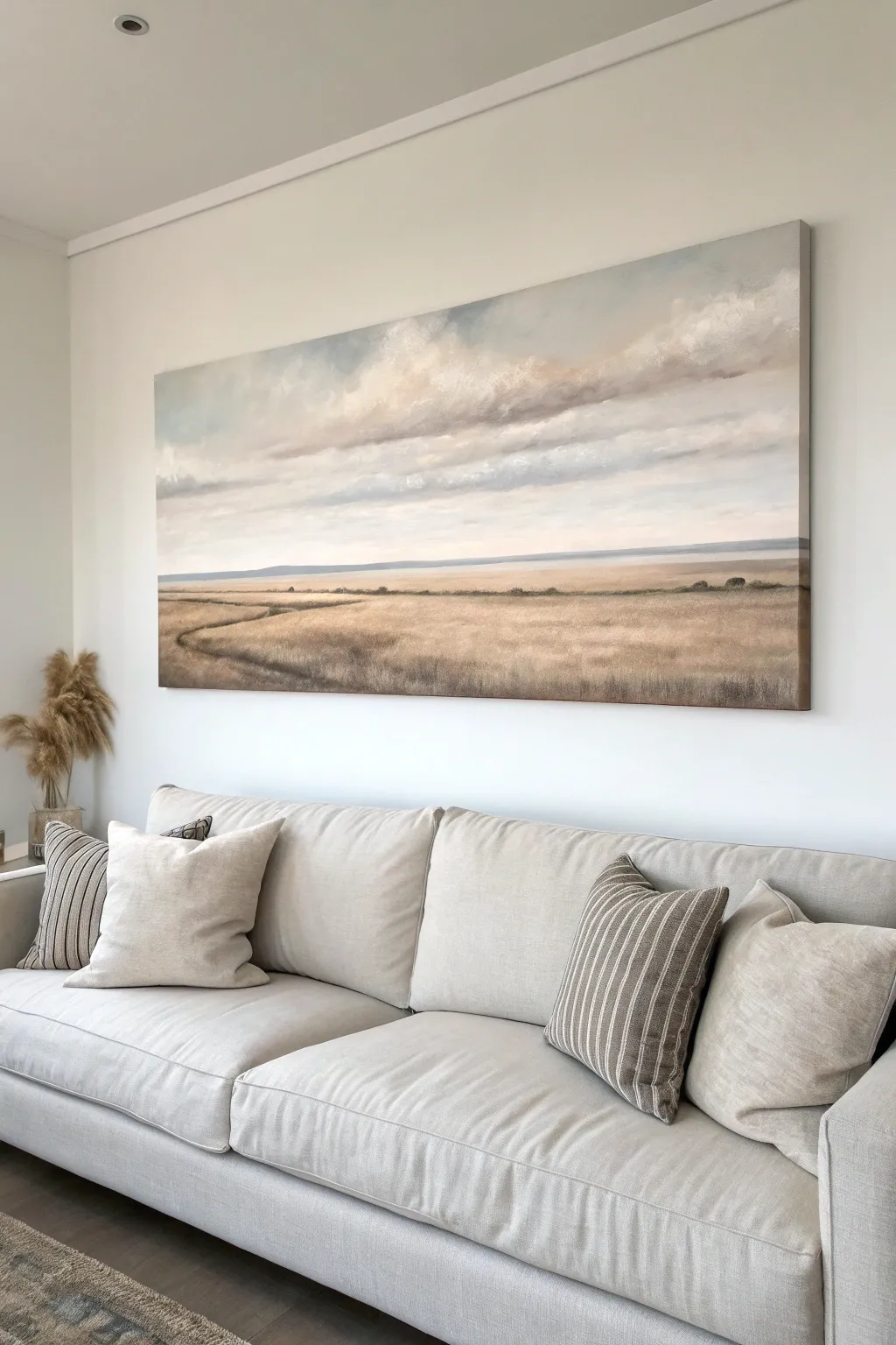 Panoramic horizon canvas: low land shapes and a massive soft sky for a calm modern statement