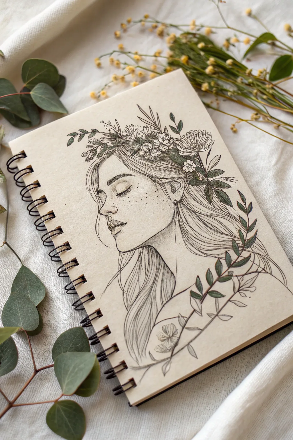 Botanical half-portrait drawing: elegant vines and blossoms with crisp linework and soft shading