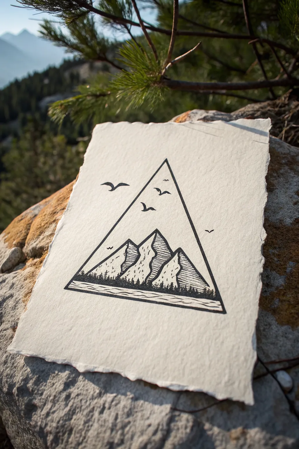 Triangle-framed mountain range sketch with bold horizon and tiny birds, calm minimalist and easy to draw
