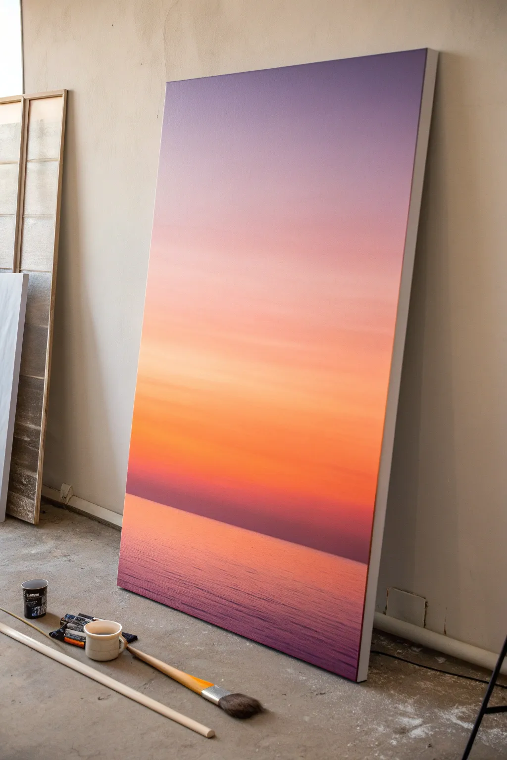 Easy big-canvas sunset: a smooth gradient sky with a bold dark horizon for instant impact.