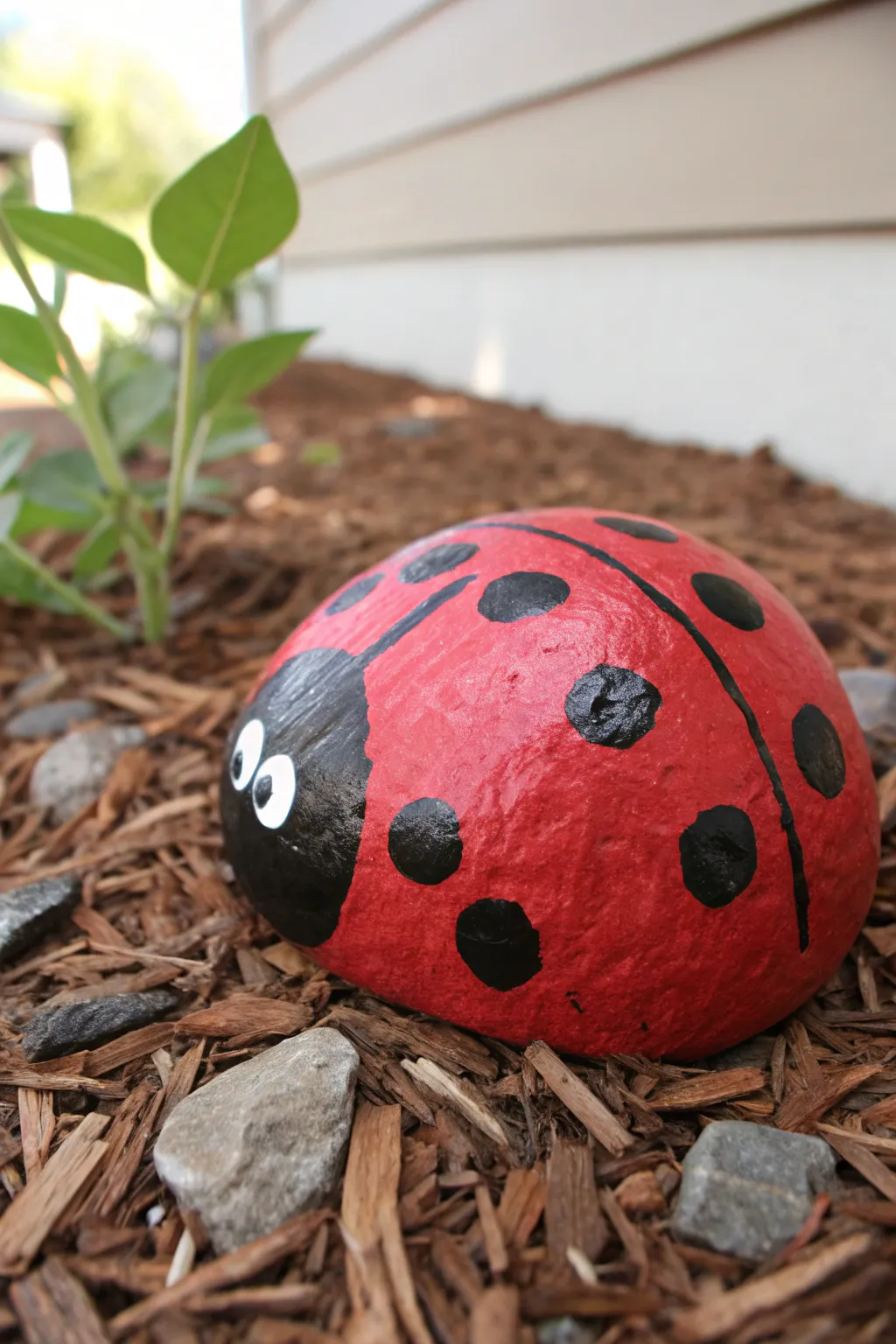 Classic ladybug boulder DIY: bold red, crisp spots, and natural garden charm for your entry path.