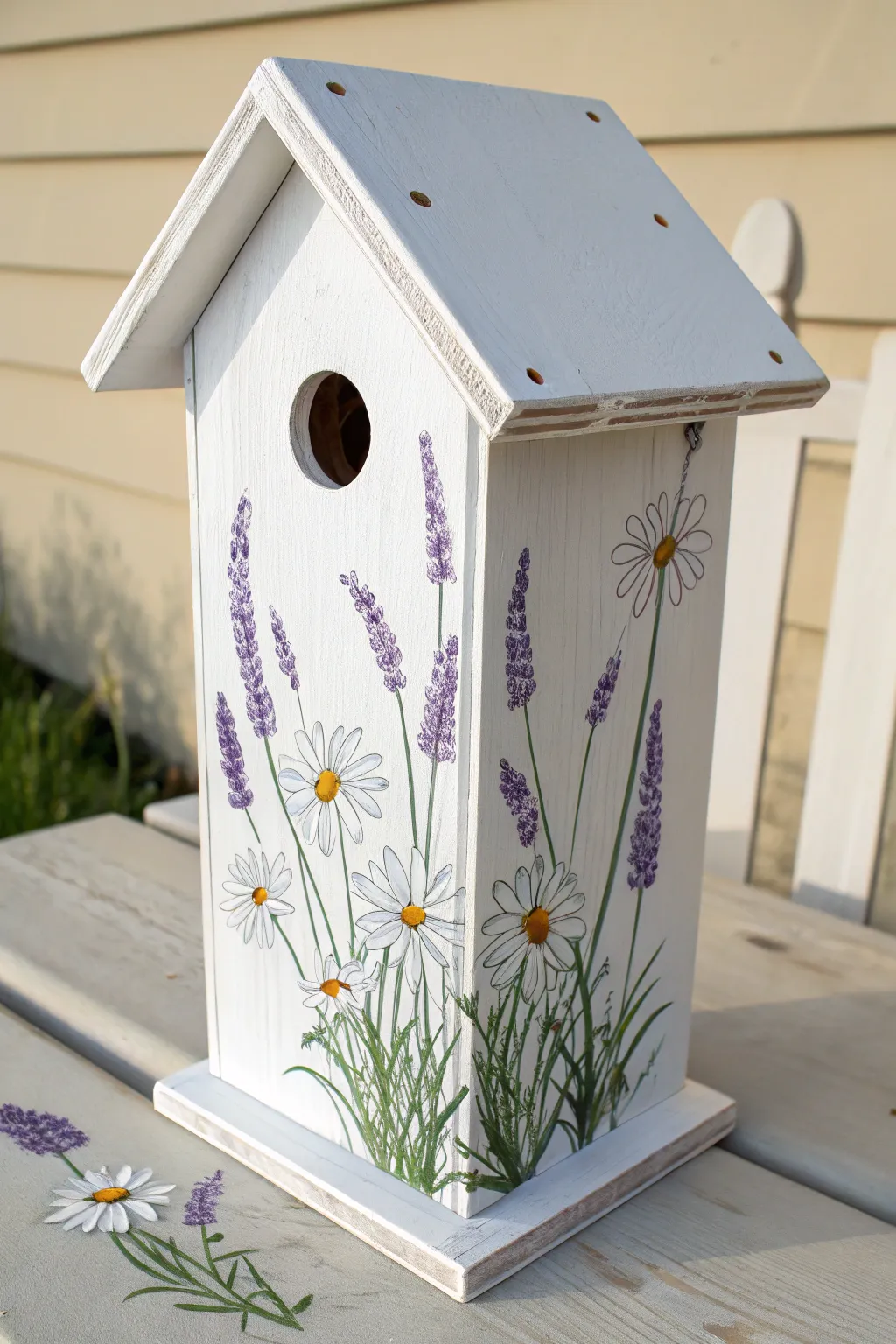 Transform a simple birdhouse into a blooming garden with this delicate floral design.