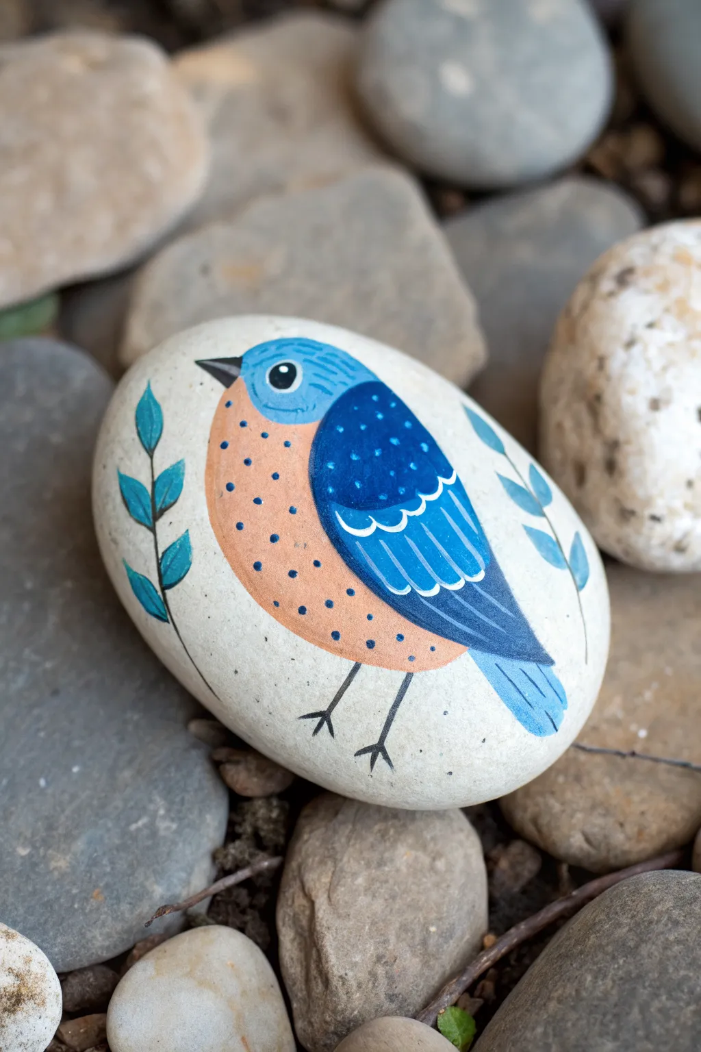 Easy bluebird painted rock on a smooth oval stone, minimalist Nordic palette with boho warmth.