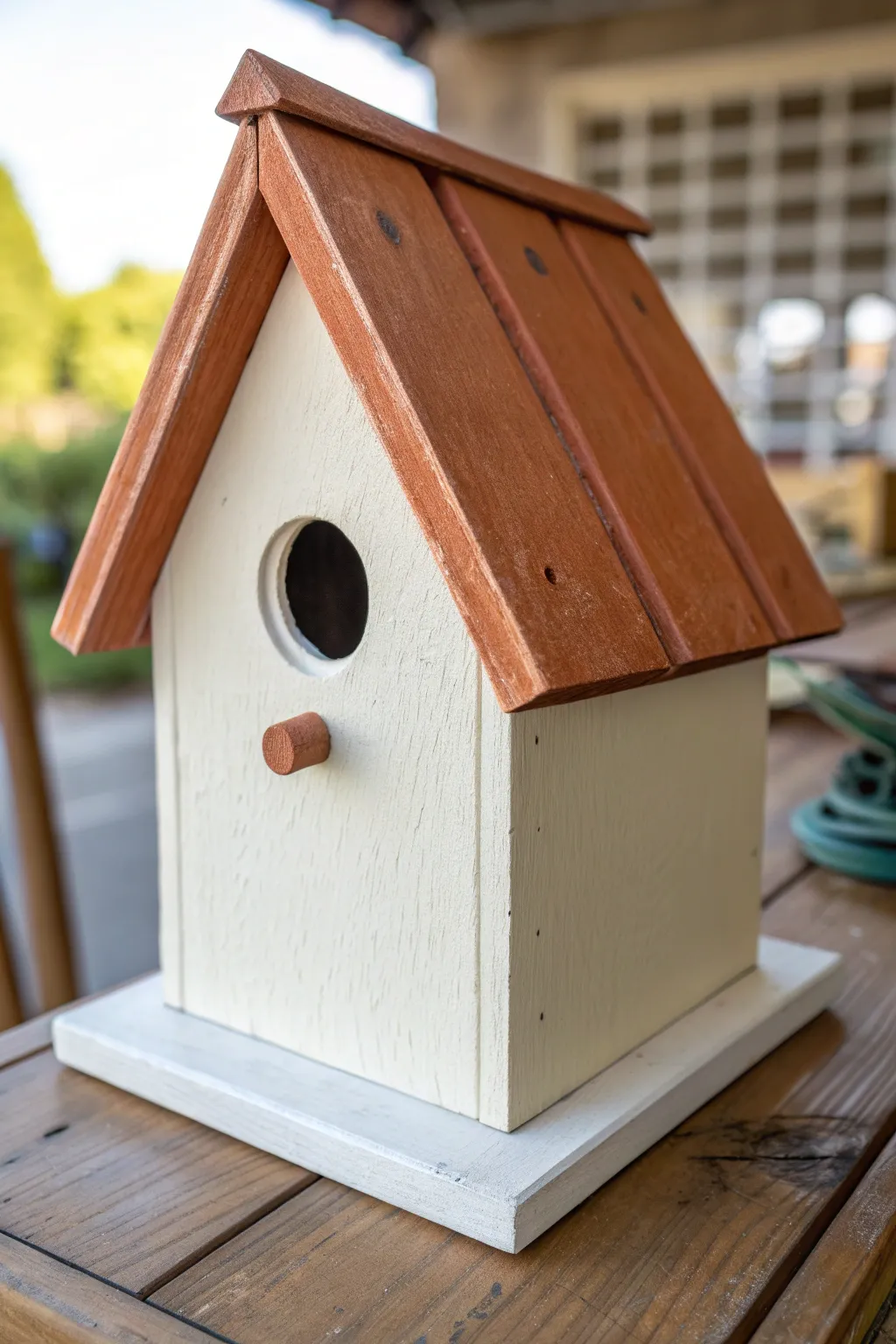 Classic two-tone birdhouse with a crisp contrasting roof for an easy, polished beginner look.
