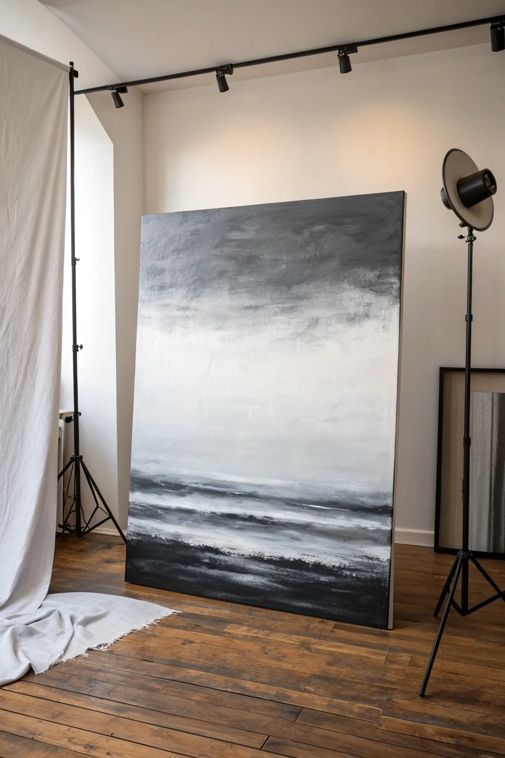 Moody black and grey abstract canvas with bold strokes, soft blends, and crisp white space.